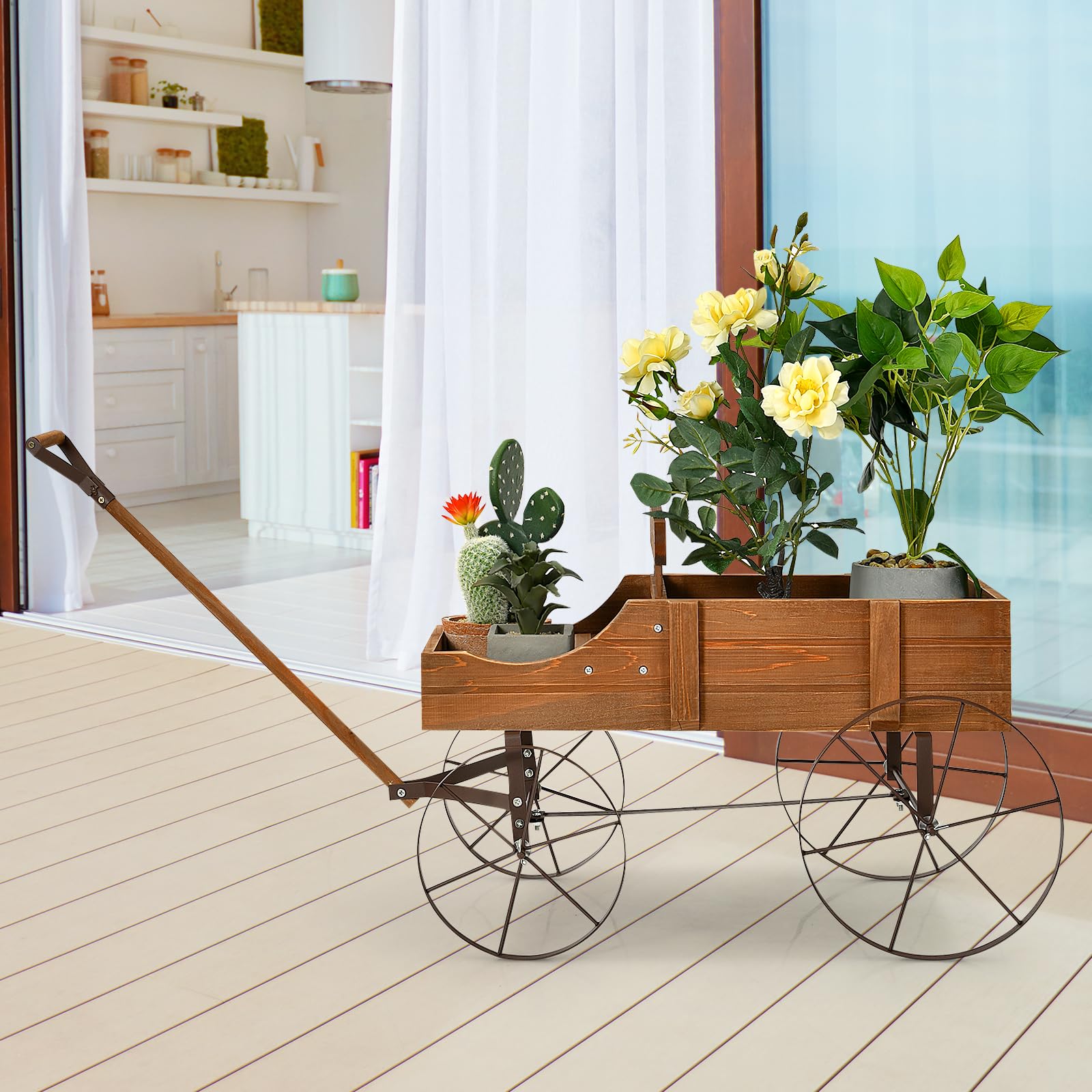 HOMASIS Jardinera Carrito de Madera para Plantas, Carretilla con Ruedas de Metal y 2 Compartimentos, Maceta en Forma de Monociclo Decorativo para jardín, terraza, Patio, 63x35x62,5cm (Marrón)