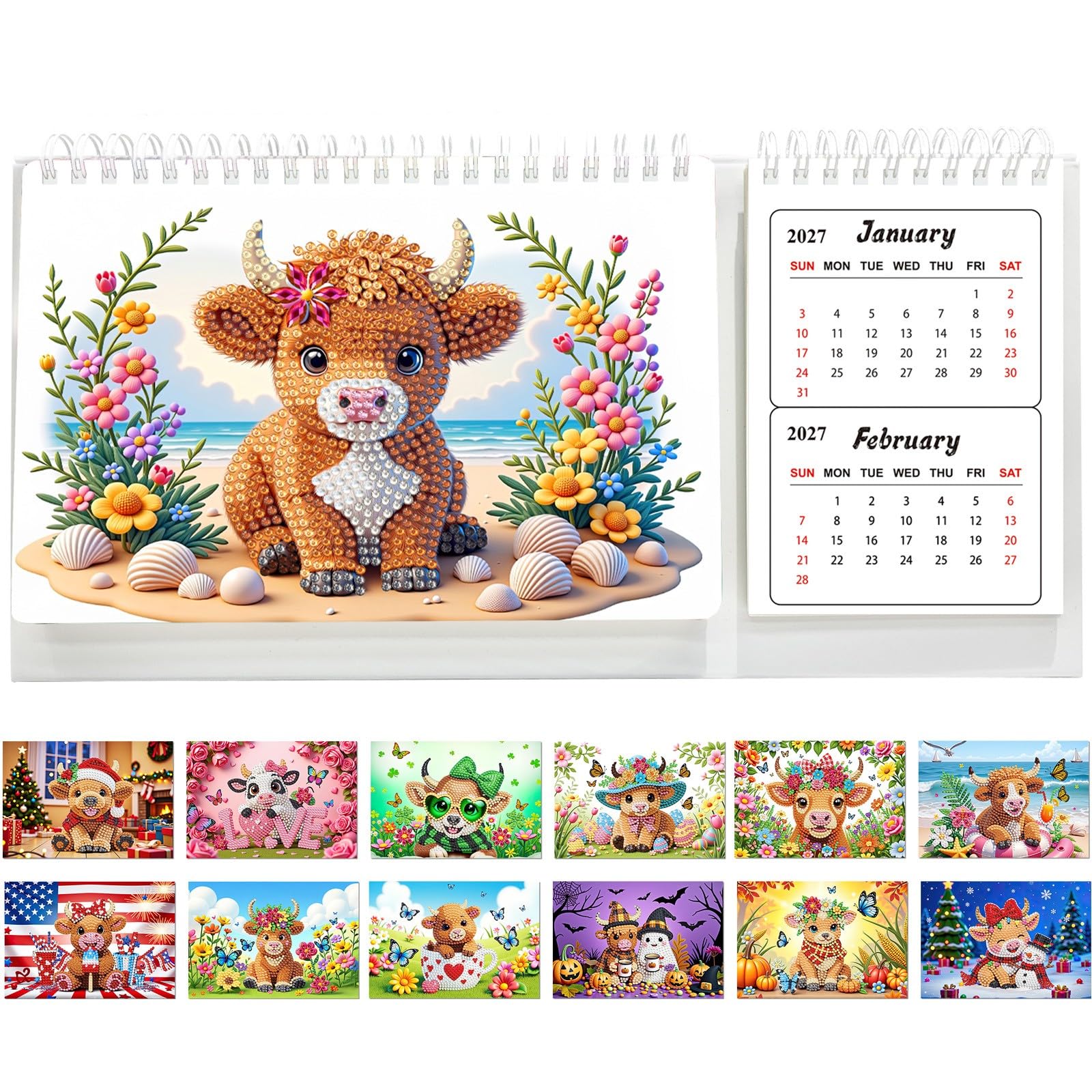 Lebartm DIY Diamond Art Desk Calendar for Adults Beginners 2027 to 2028 Two Year Gemstone Painting Art Crafts 24 Month Flipping Standing Calendar Home Office Planning-Cow