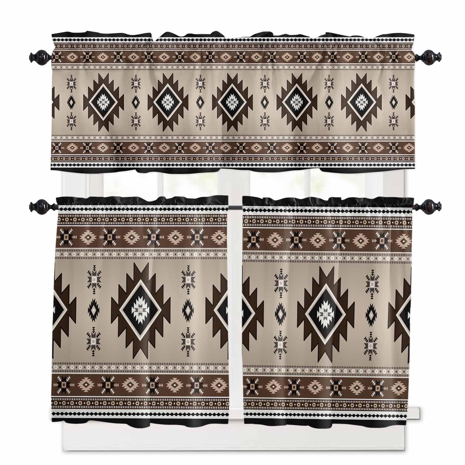 Brown Aztec Kitchen Curtains 36 Inch Length, 3 Piece Rod Pocket Small Half Tiers and Valance Set, Boho Southwest Ethnic Neutral Motifs Small Large Window Treatment Decor for Bedroom/Bathroom Sink