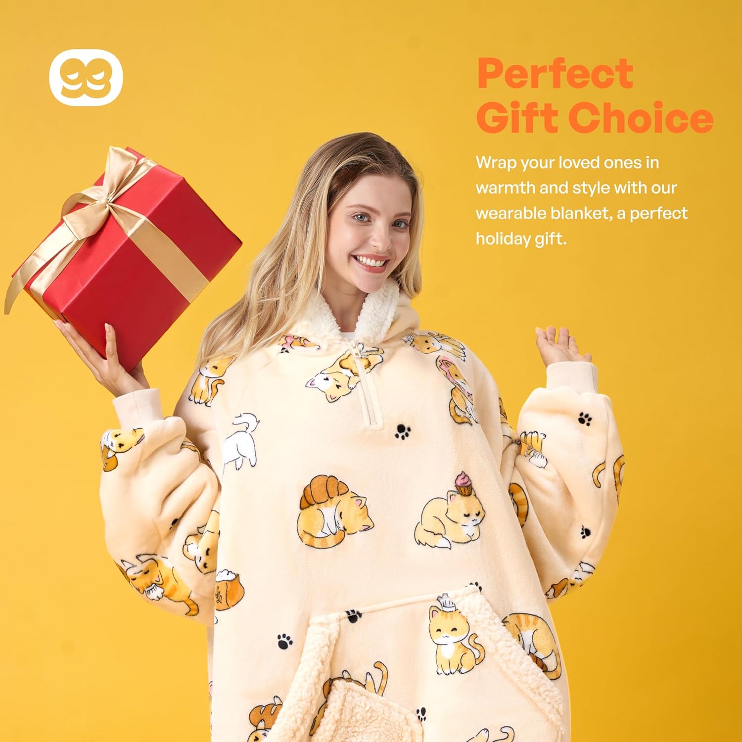 Giggling Getup Wearable Blanket Hoodie for Women Men Gifts for Teen Girls Sister Women Sherpa Fleece Hooded Blanket Sweatshirt Warm Cozy Sherpa Wearable Throw with Giant Pocket & Sleeves for Adult Cat