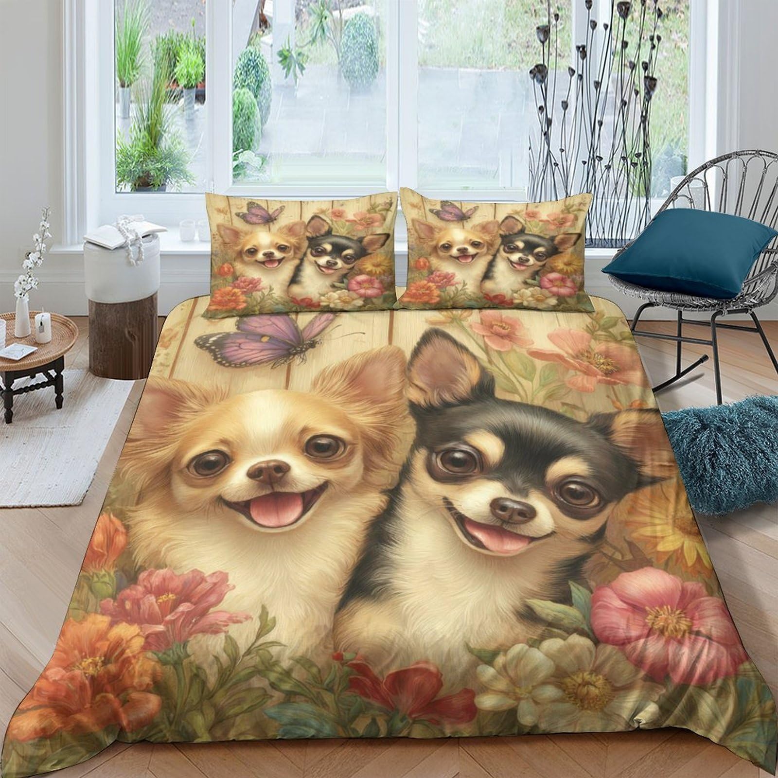 P5V6M1Q9 3D Printed Cute Chihuahua Dog and Cat Duvet Cover Microfiber Soft Breathable Floral Bedding Set with 2 Pillowcases for Bedroom Home Decor Single（135x200cm）