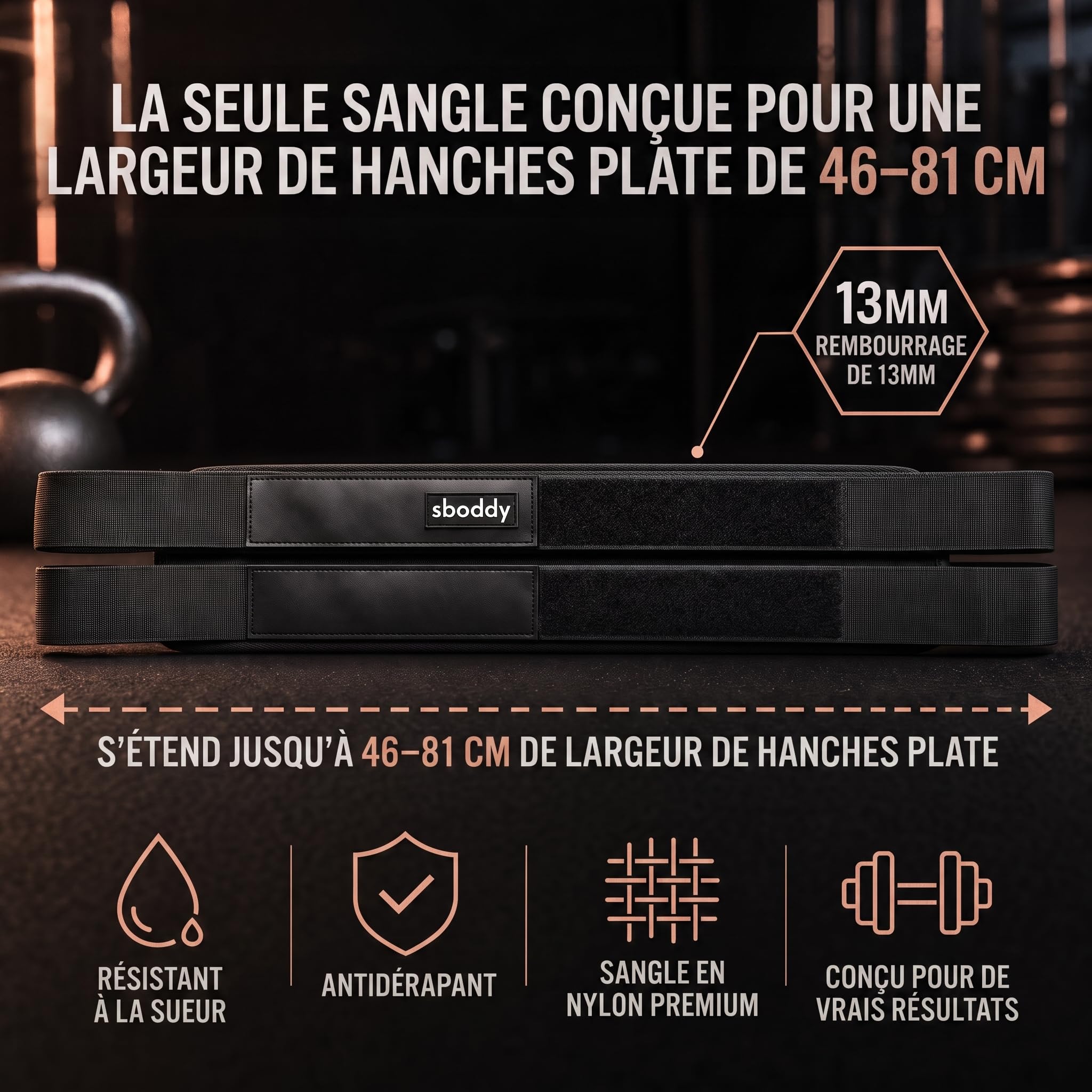 Ceinture Hip Thrust pour Haltères, Kettlebells et Poids - Confort Jusqu'à 180 kg - Double Fermeture Auto-Agrippante - Équipement Musculation Fessiers pour Maison et Salle de Sport.