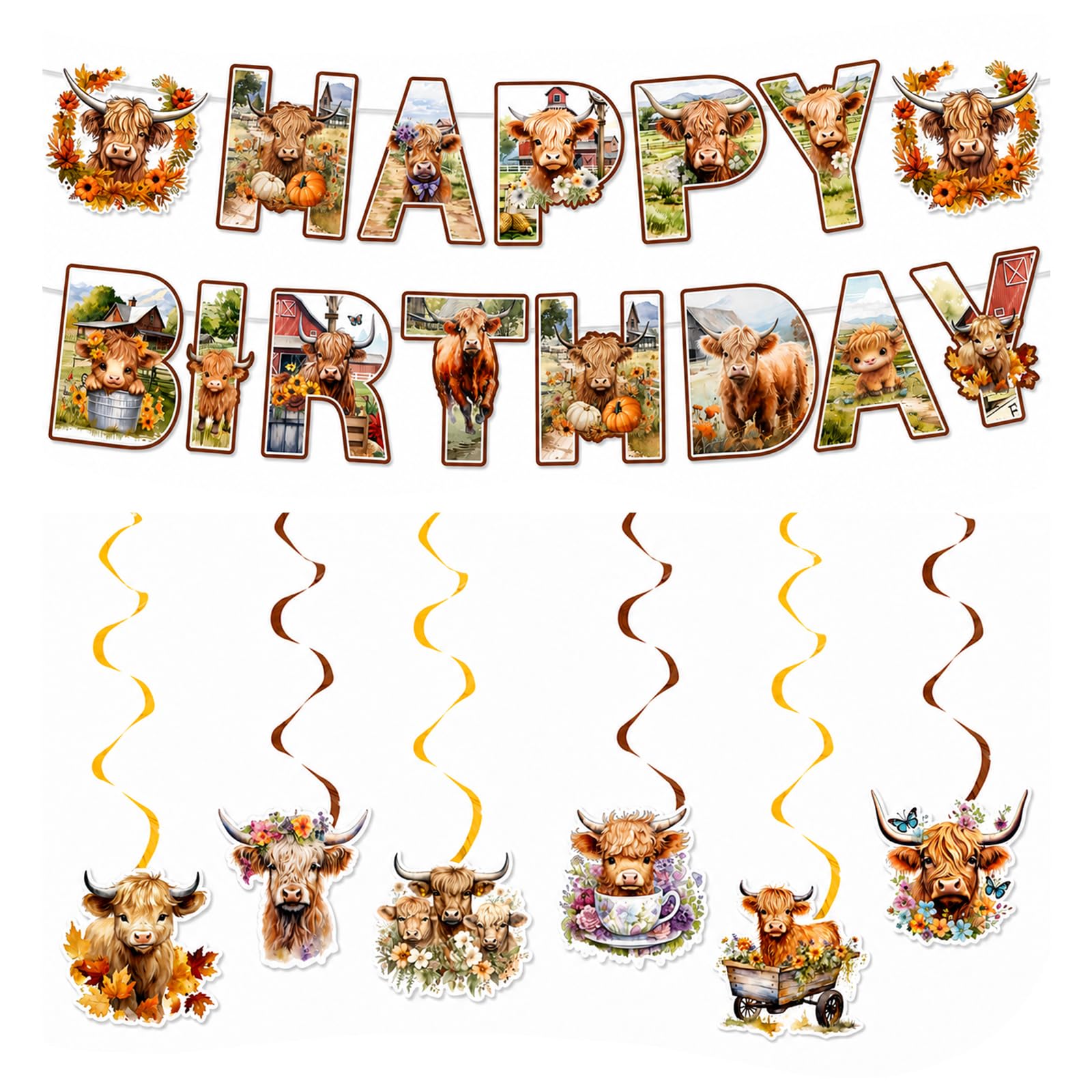 Highland Cow Birthday Decoration, Happy Birthday Banner with Hanging Swirl