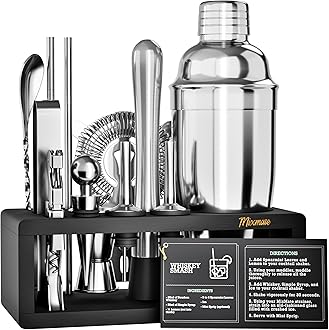 Cocktail Shaker Set with Stand |Bar Set Cocktail Shaker Set for Drink Mixing |Kit for Beginner Bartender |Bar Tools, Martini Shaker, Jigger, Strainer, Mixer Spoon, Bottle Opener + RECIPE BOOK.