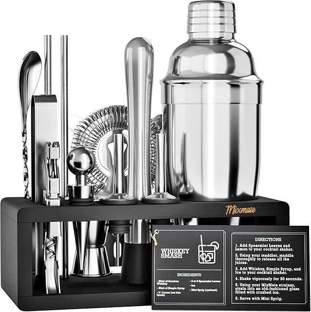 Mixology Bartender Kit with Stand - 15 Piece Bar Tool Set, Silver Bar Se...