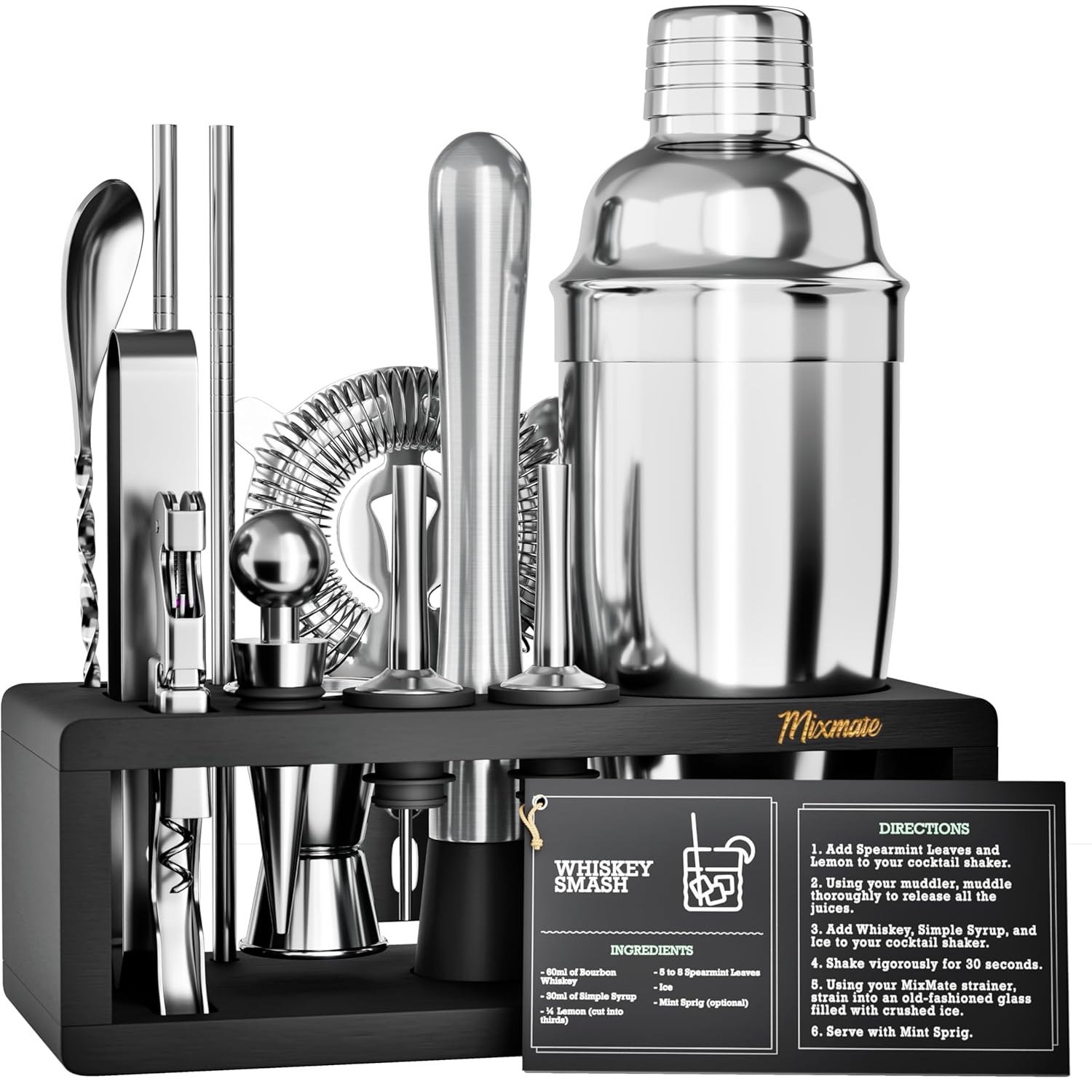 Mixology Bartender Kit with Stand - 15 Piece Bar Tool Set Silver Bar Set Cocktail Shaker Set for