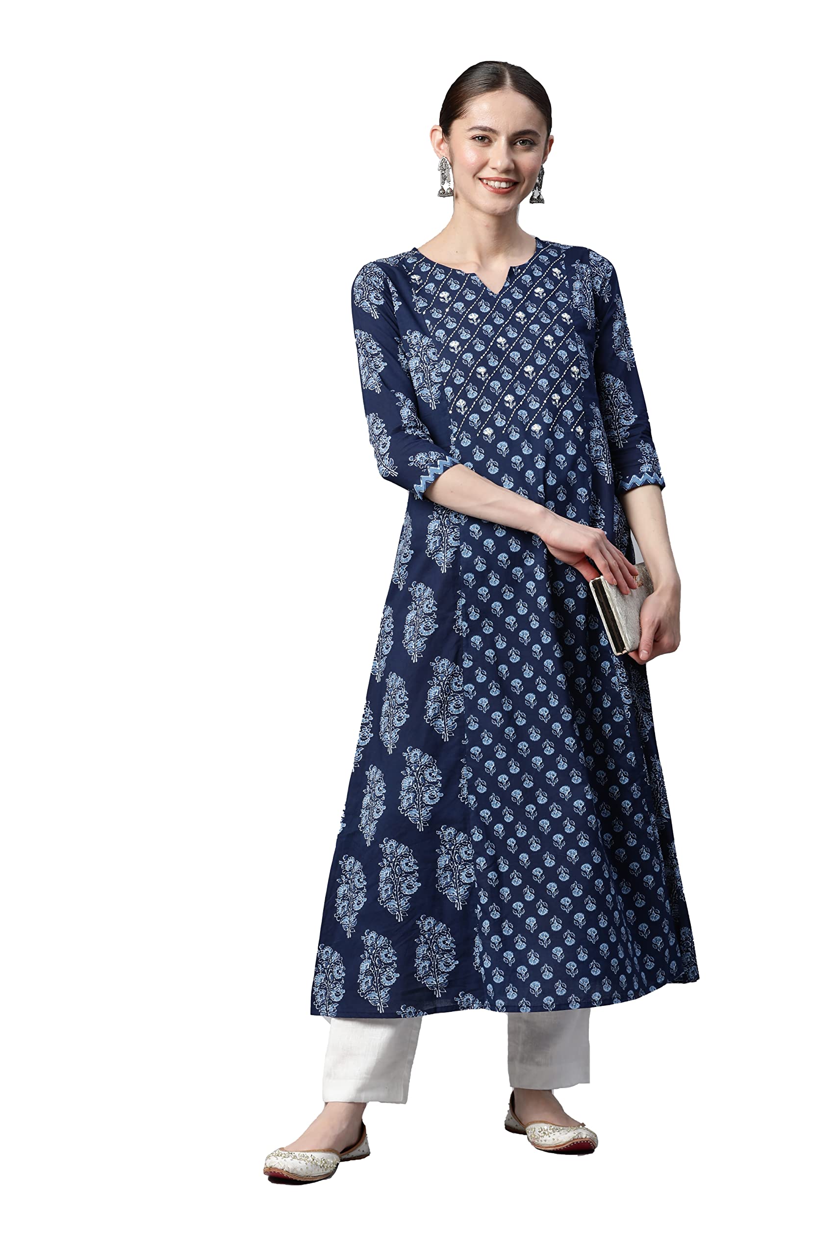 WROGN Women's Cotton Print & Hand Work A-Line Stitched Kurta Blue in blue