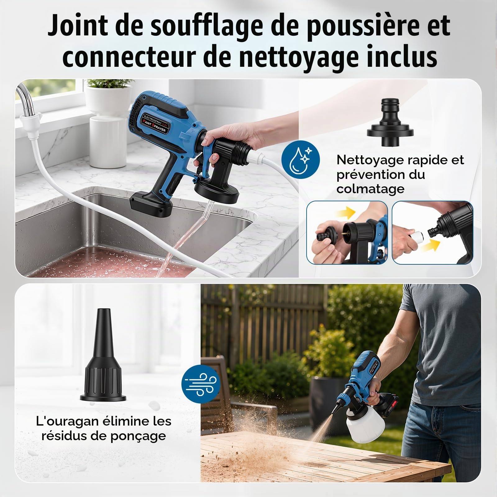 Pistolet à Peinture sans Fil 21V, 800 ML/Min Pistolet Peinture Electrique HVLP avec 5 Buses & 3 Modes de Pulvérisation, 1200 ML Réservoir, 2X Batteries 2000mAh – Idéal pour Meubles, Clôtures, Portes