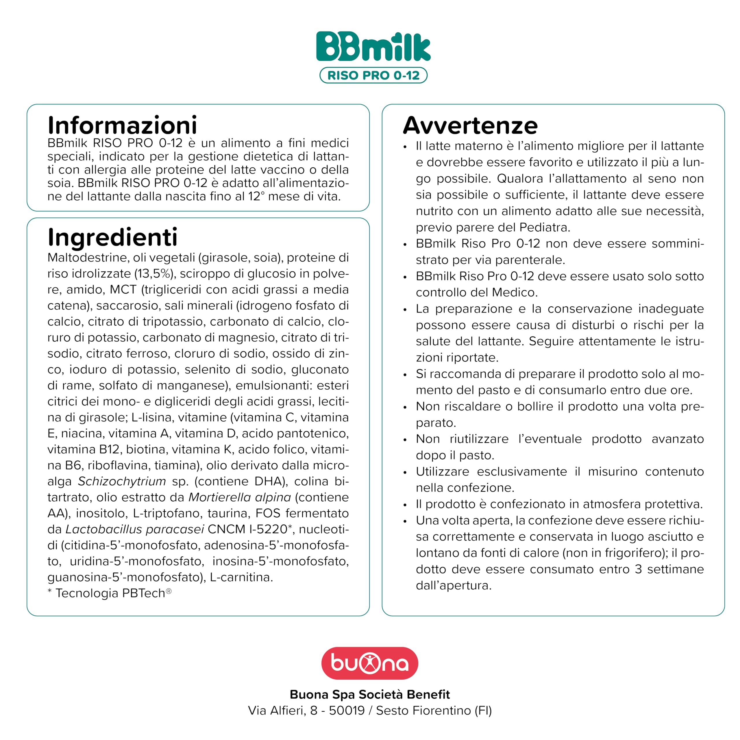 Buona BBmilk RISO PRO 0-12 Mesi, Alimento alternativo al Latte in Polvere per Neonati 400g, Alimento a Fini Medici Speciali per Neonati con Disturbi alle Proteine del Latte Vaccino o della Soia