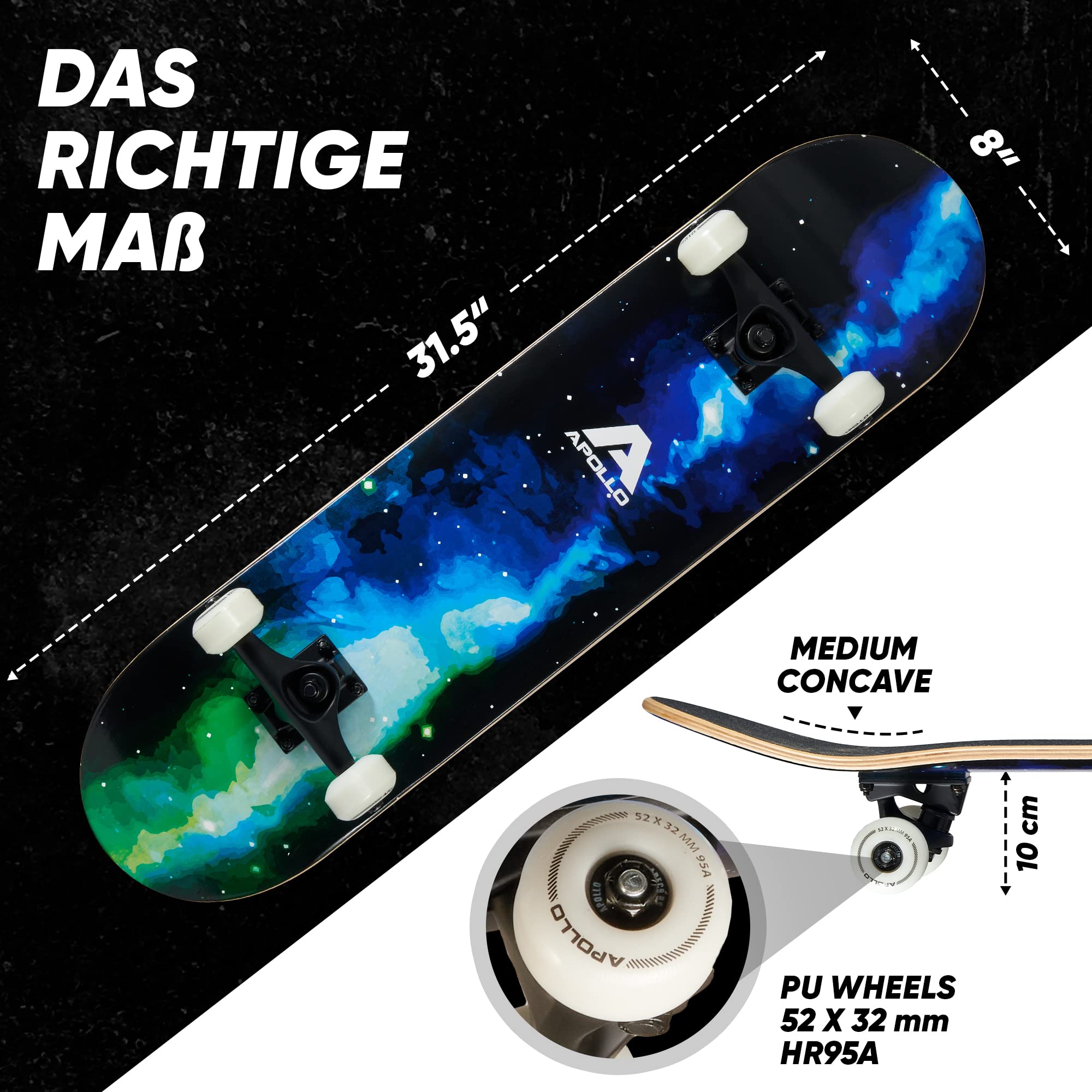 Apollo Skateboard | Cooles Kinder Skateboard und Profi Skateboard Erwachsene in Einem | 7-lagiges Skateboard Deck, trendig, Medium Concave, ABEC-7 Kugellager | Top Fahreigenschaften bei jedem Style