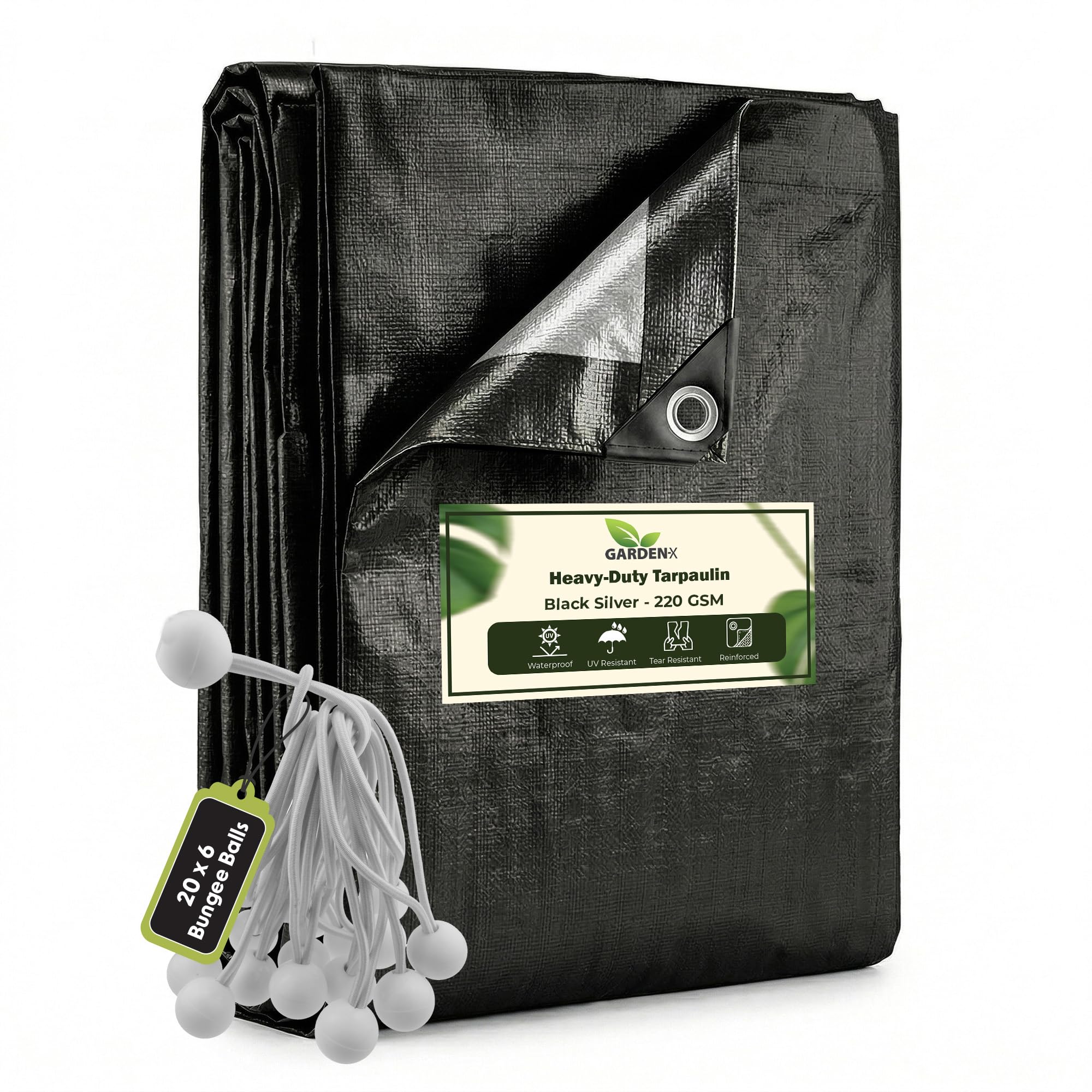 GARDENIX 1m x 1m Black Heavy Duty 220gsm- eyelets every 50 cm Tarpaulin Waterproof Tarp Sheet Cover, Groundsheet, Multipurpose, Reinforced + 20 x 6" Bungee Balls (White)