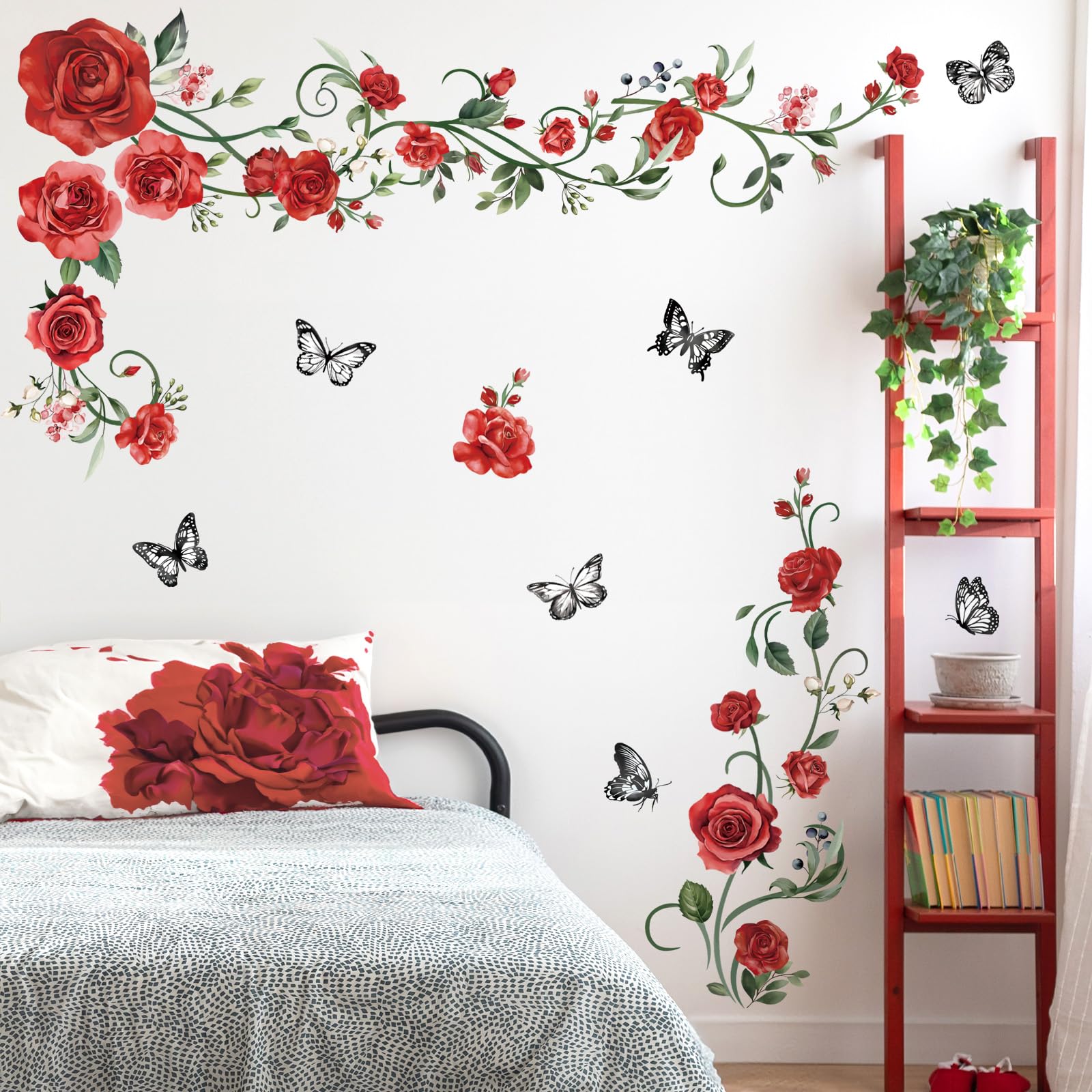decalmile Red Rose Vine Wall Decals Flowers Butterfly Leaves Wall Stickers Bedroom Living Room Kitchen Wall Decor - Image 2