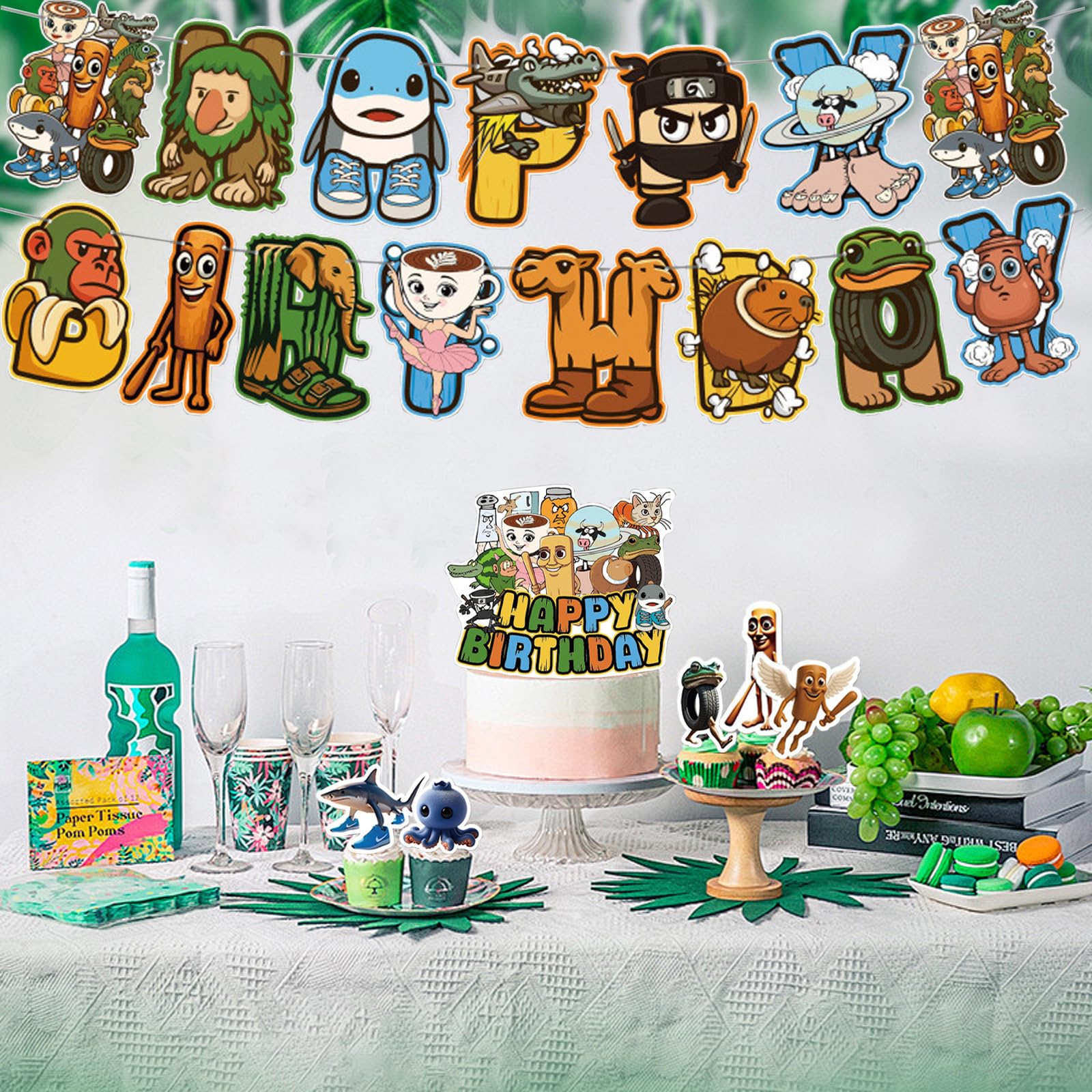Decorazione Compleanno A Tema Brainrot – Set Con Striscione, 16 Palloncini, 12 Topper Per Cupcake E Topper Per Torta, Cartone Animato, Per Bambini E Bambine