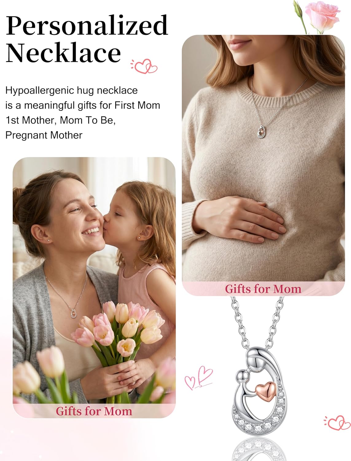 Sereney First Mothers Day Gifts for New Mom Necklace, New Mom Gifts as 1st Mothers Day Necklace for Women, White Gold Plated Hugging Heart Pendant as Hypoallergenic Mother Jewelry for New Mommy