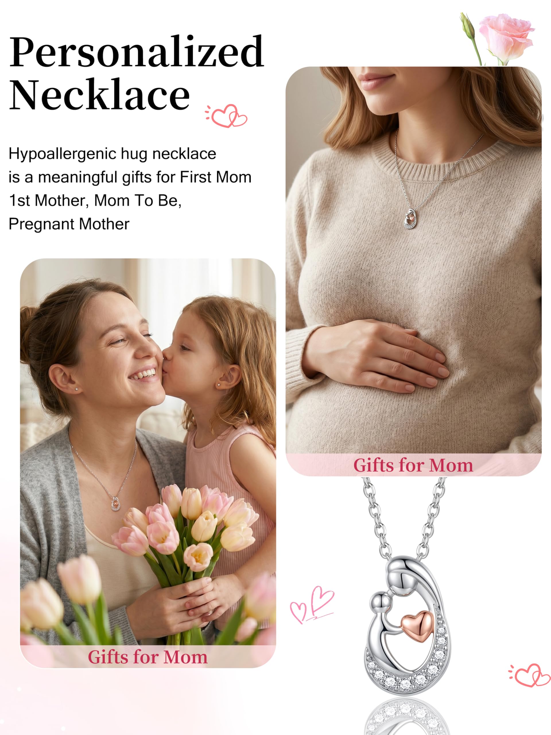 Sereney First Mothers Day Gifts for New Mom Necklace, New Mom Gifts as 1st Mothers Day Necklace for Women, White Gold Plated Hugging Heart Pendant as Hypoallergenic Mother Jewelry for New Mommy