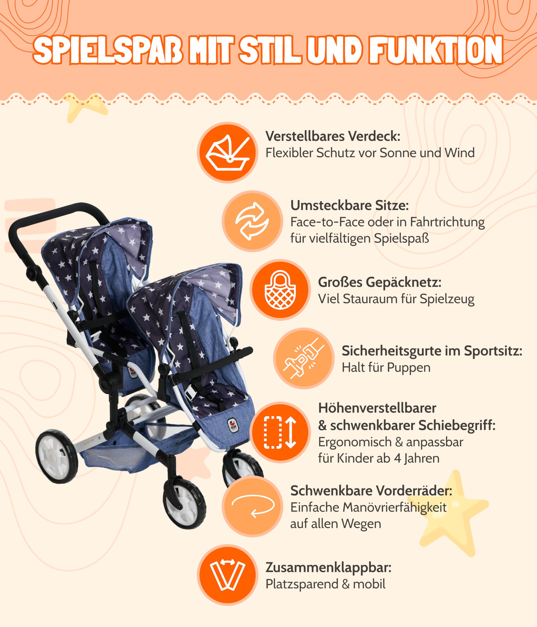 Bayer Chic 2000 - Passeggino per bambole Linus Duo, passeggino gemellare per bambini dai 4 agli 8 anni, grigio melange, rosa, 690-15