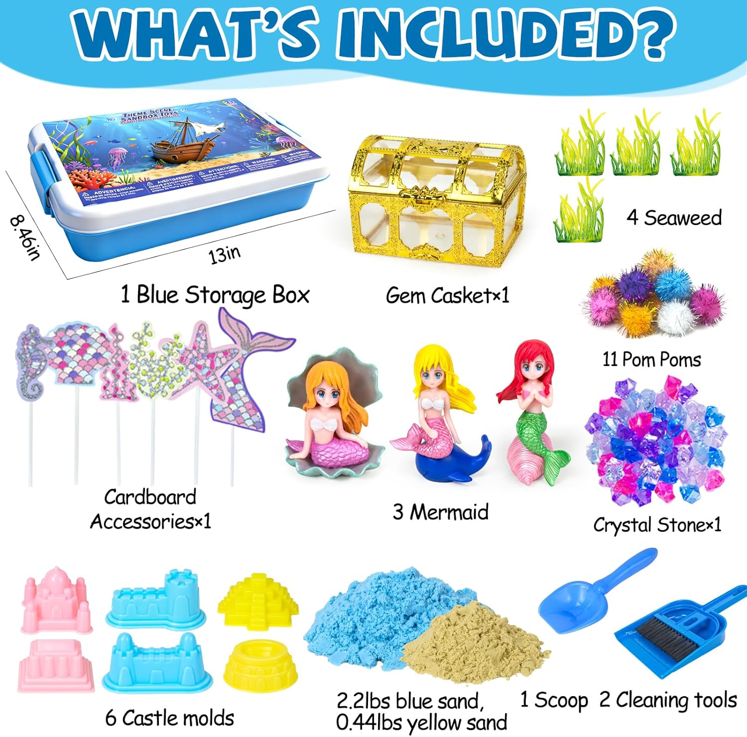 YongnKids Mermaid Sensory Bin Sandbox Toys for Toddlers Girls Kids- Mermaid Toys for Kids Play Sand Kit Sensory Bin Toy with Sand & Castle Mold,Great Christmas Birthday Gift for Girl Boys
