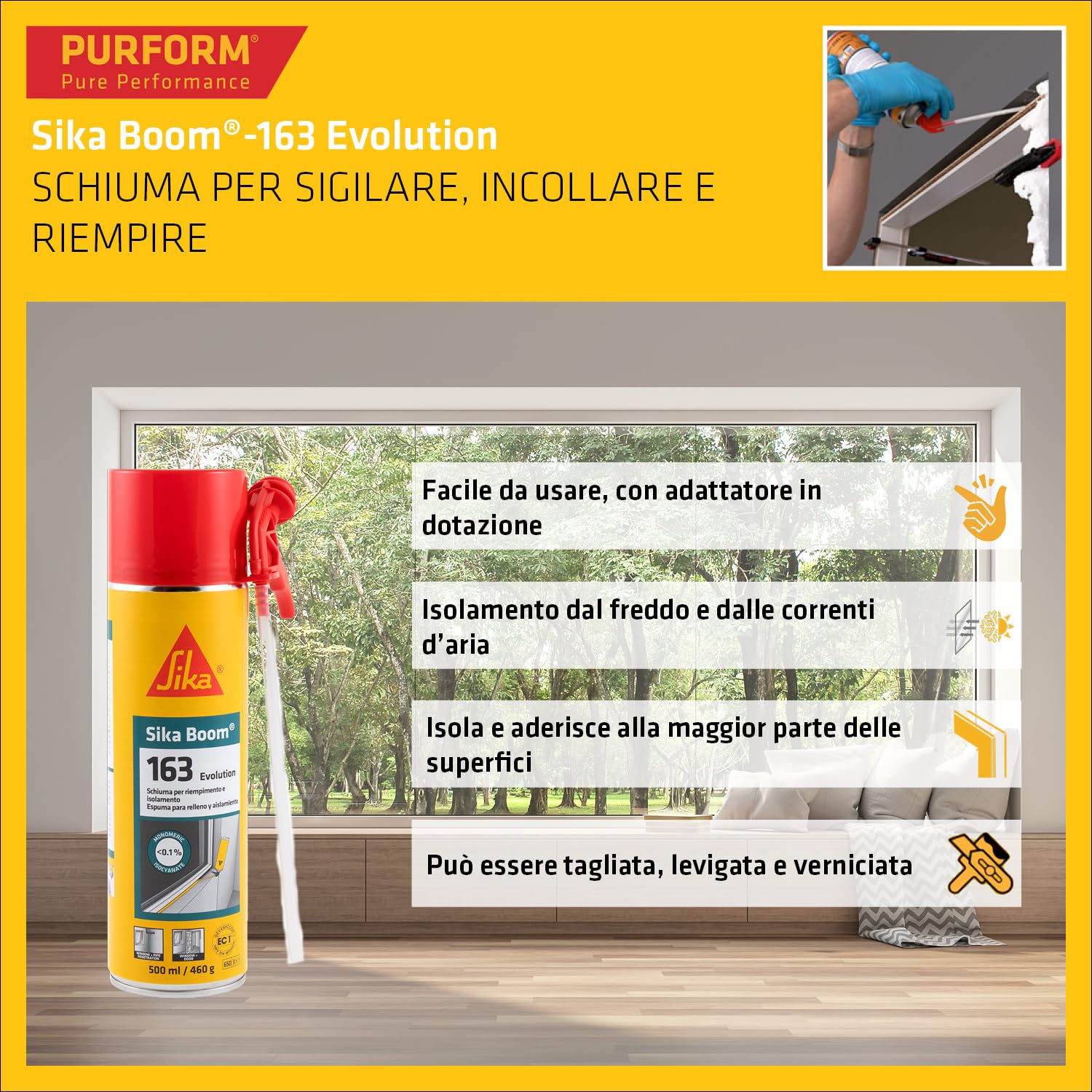 Sika Kit Pro Isolamento: 9x Sika Boom-163 Evolution Schiuma PU 500ml + 3x SikaSeal-157 Sigillante Acrilico Bianco 310ml, Speciale Infissi, Bassa Espansione, Verniciabile
