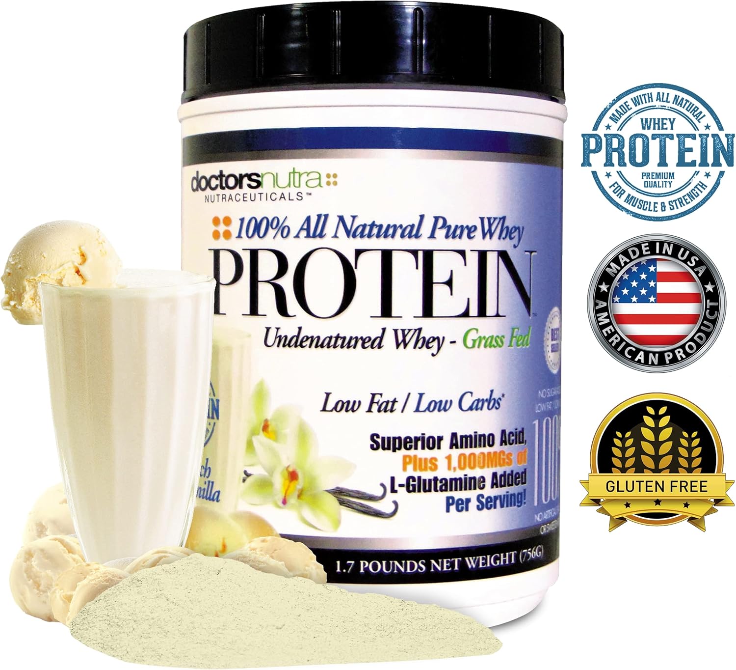 Pure 100 Percent - Undenatured Grass Fed Whey Protein by Doctors Nutra, Low Carb Low Fat, Rich Vanilla Flavor, Nothing Artificial - Ultrafiltered Plus 1000 Milligrams L-Glutamine