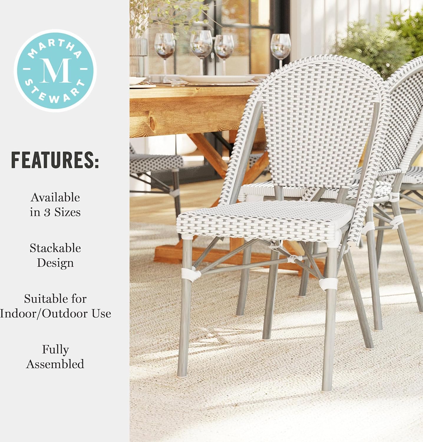 Martha Stewart Lily Pond Indoor-Outdoor Stackable Aluminum Bistro Chair with Natural Woodgrain Frame Finish and White/Navy Woven Rattan Backrest and Seat