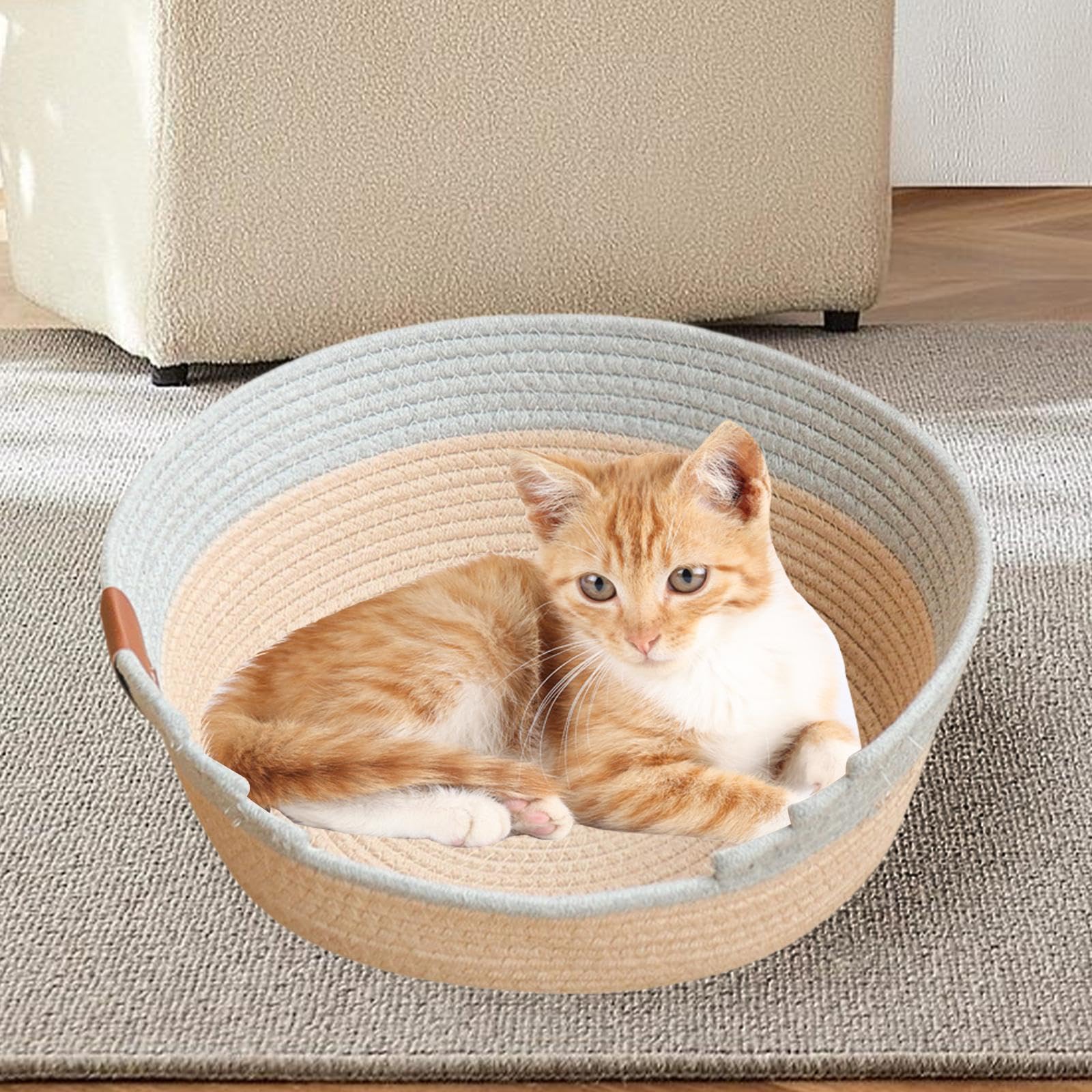 Cotton Rope Woven Cat Bed Basket Pet Accessories Furniture Protector Comfortable Cat House Kitten Bed for Indoor Cats, L