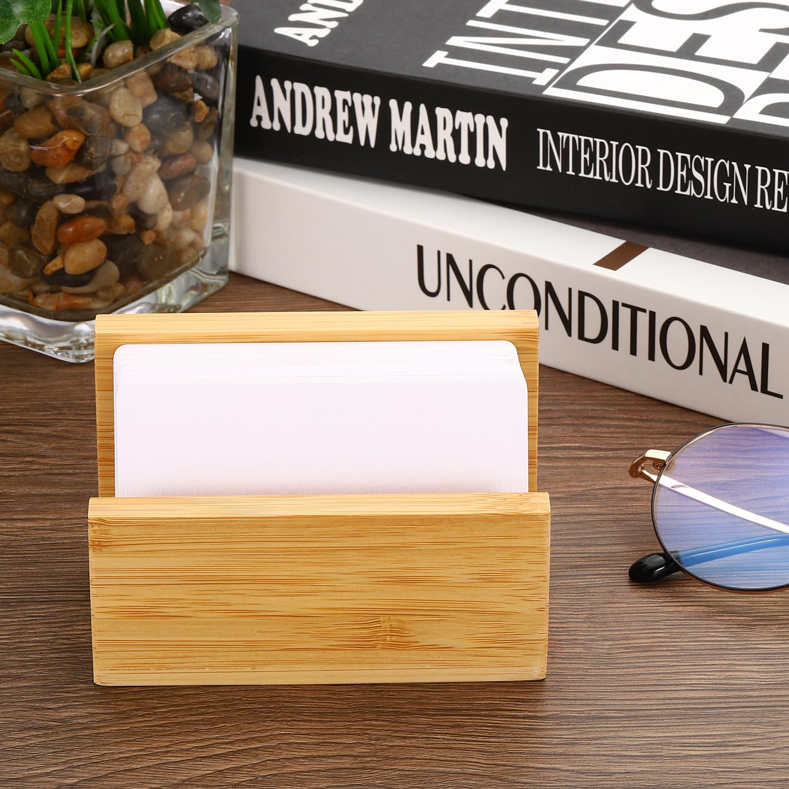 PATIKIL Business Card Holder for Desk 2Pcs Bamboo Wood Business Card Holders Wooden Card Stand Organizer Cards Display for Office Exhibition Brown - Image 4