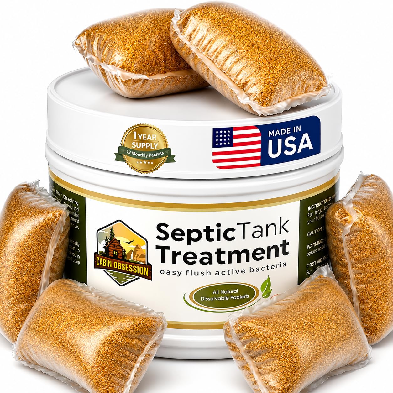 Septic Tank Treatment - 1 Year Supply of Septic Safe Dissolvable Easy Flush Live Bacteria Packets (12 Count) - Best Way to Prevent Expensive Sewage Backups - Made in USA