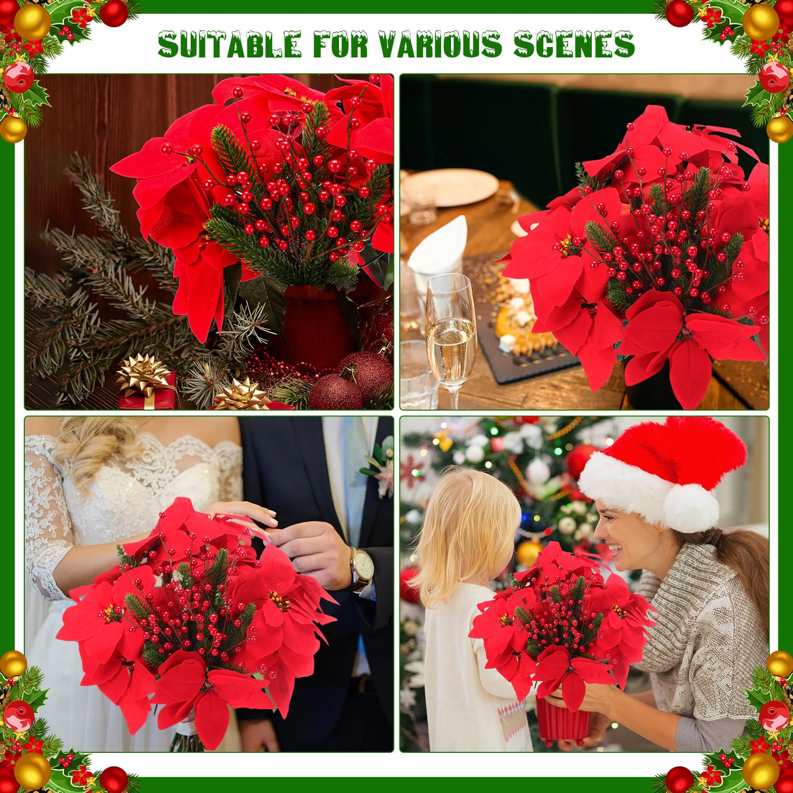 Hotop Paquete de 12 ramas artificiales de pino de Pascua de 14 pulgadas con bayas rojas, flores artificiales de Navidad para interiores y exteriores, adorno de árbol de Navidad, decoración del porche