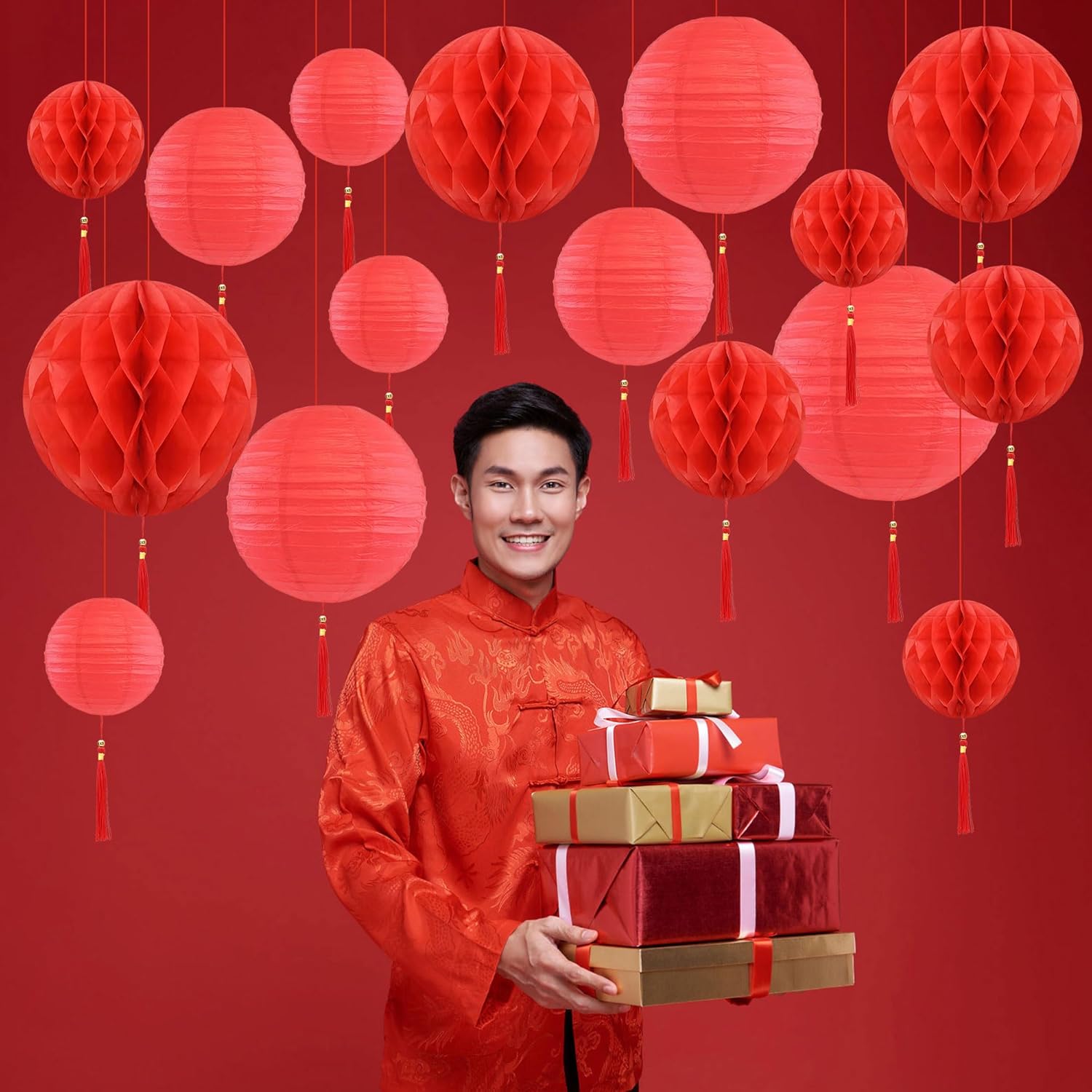 40Pcs Chinese New Year Red Paper Lanterns Honeycomb Balls Tassels Set, 2026 Year of the Horse Oriental Hanging Decor for Chinese Japanese Lunar New Year Spring Festival Home Decor Party Supplies