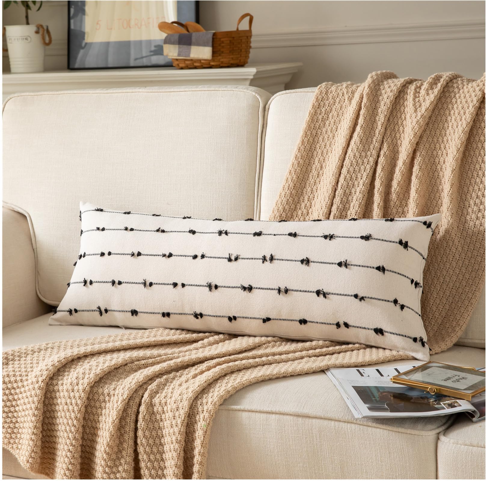 Caflife Boho Lumbar Throw Pillow Covers 14x36 inches Long, Farmhouse Decorative Body Pillow for Bed and Sofa, Living Room Home Decor Couch Black