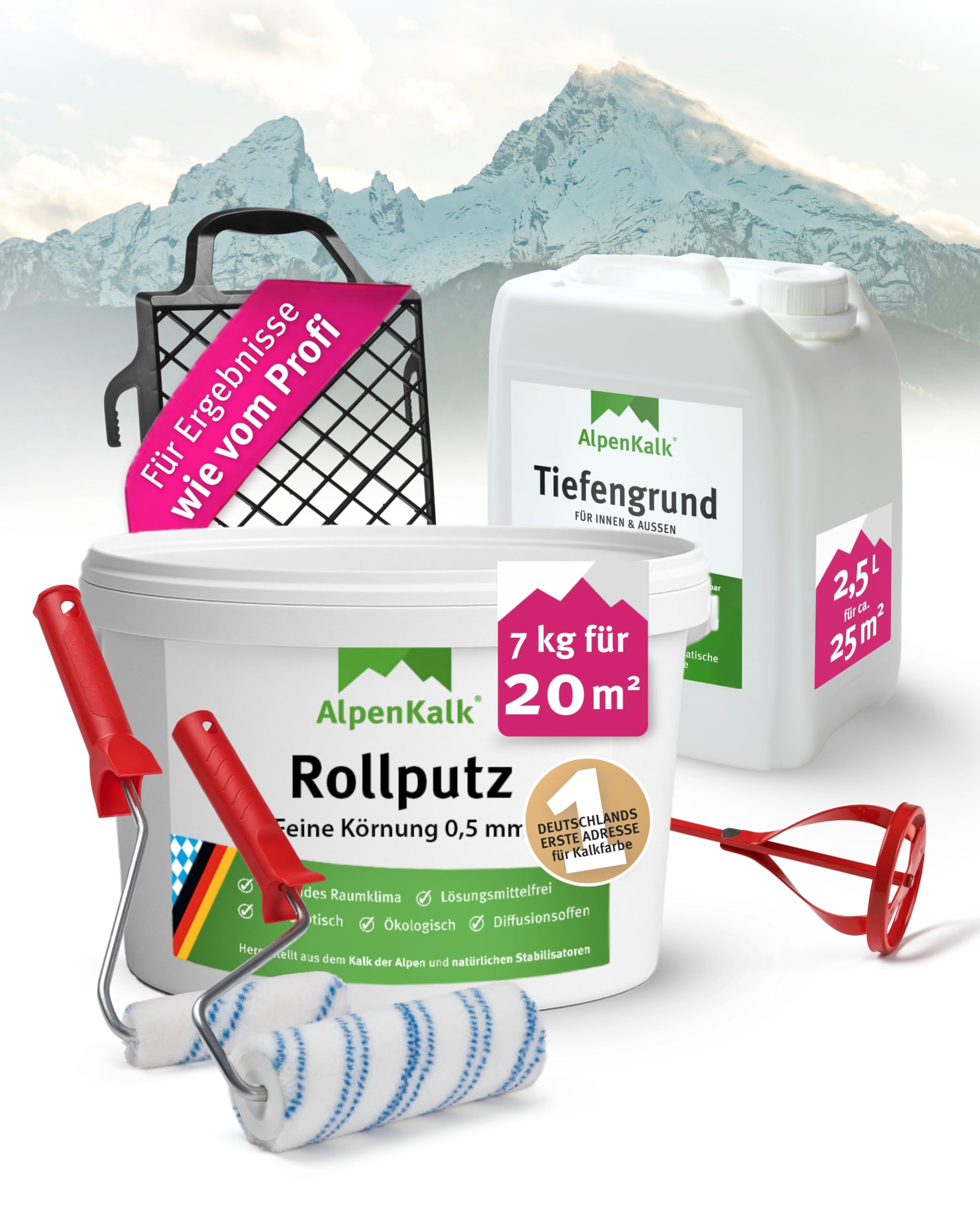 Starter-Set I Feiner Rollputz Innen 7 kg + Tiefengrund 2,5 l für ca. 20m² I 0,5 mm Körnung I Inkl. 18 & 10cm Spezialrollen, 21 x 25cm Abstreifgitter & Quirl I Atmungsaktiv & schimmelhemmend