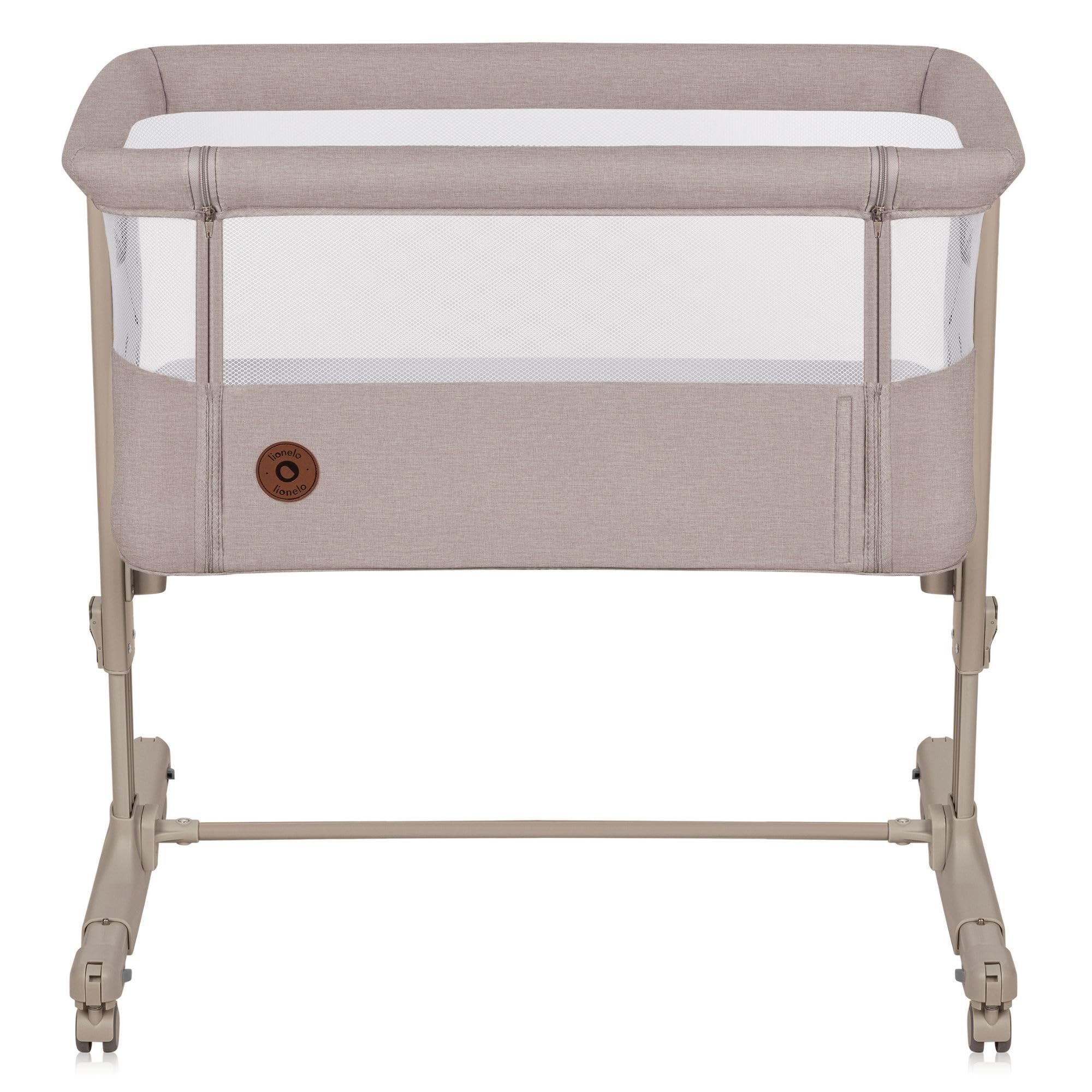 lionelo Aurora 3 en 1 Lit bébé jusqu'à 9 kg Cododo, Berceau Réglage de la Hauteur et de l’Inclinaison du Matelas 4 roulettes avec Freins Matelas Ergonomique Sac (Beige)