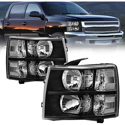 AS Headlight Assembly for 2007-2013 Chevy Silverado 1500/2007 2008 2009 2010 2011 2012 2013 2014 Chevy Silverado 2500HD 3500HD Black Housing Clear Reflector Clear Lens Replacement Pair