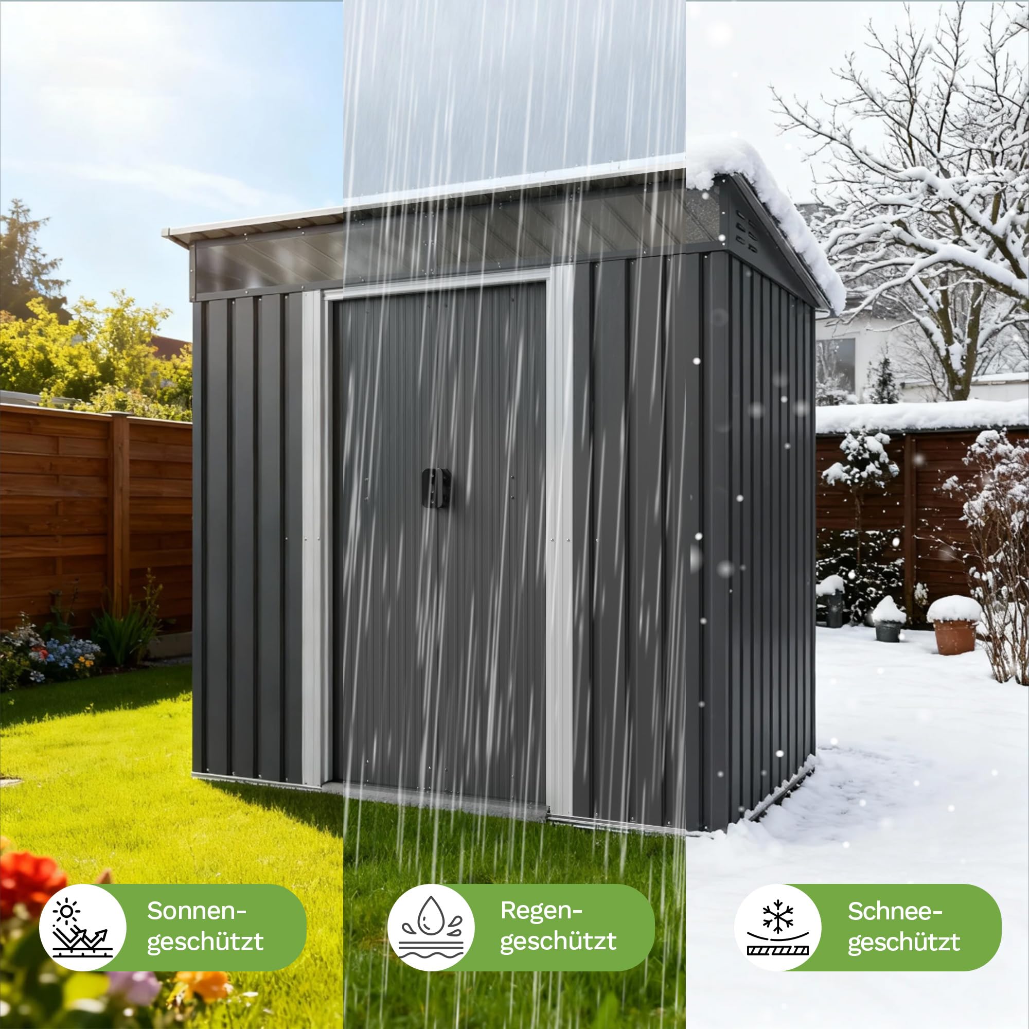 Triumphkey Metall Gerätehaus 3.6m³ mit Fundament, 183x109x182cm, Gartenhaus mit Oberlichte, Pultdach, Gartenschuppen für Terrasse, Rasen, Anthrazit