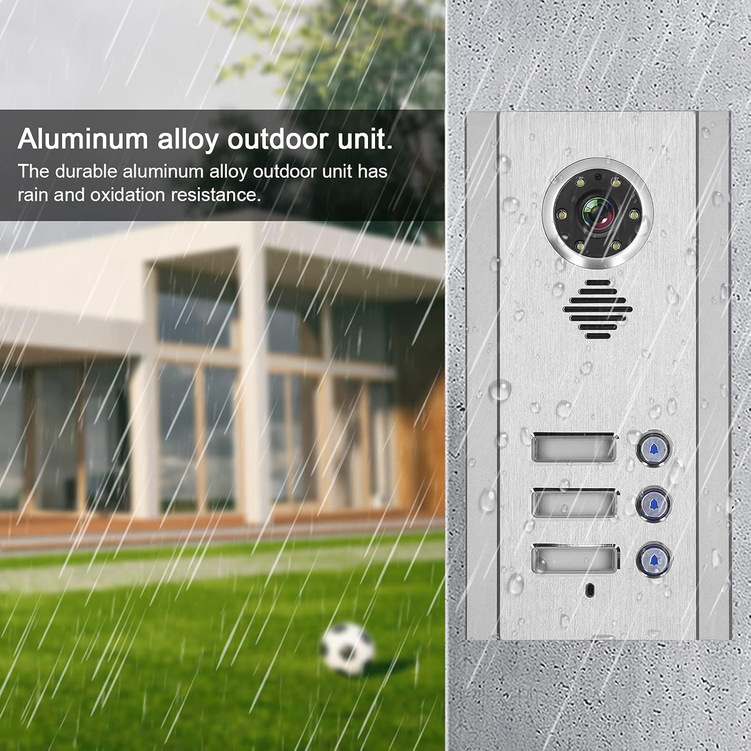 Dioche outdoor camera unit mounted on a wall, with raindrops visible, demonstrating its waterproof design.
