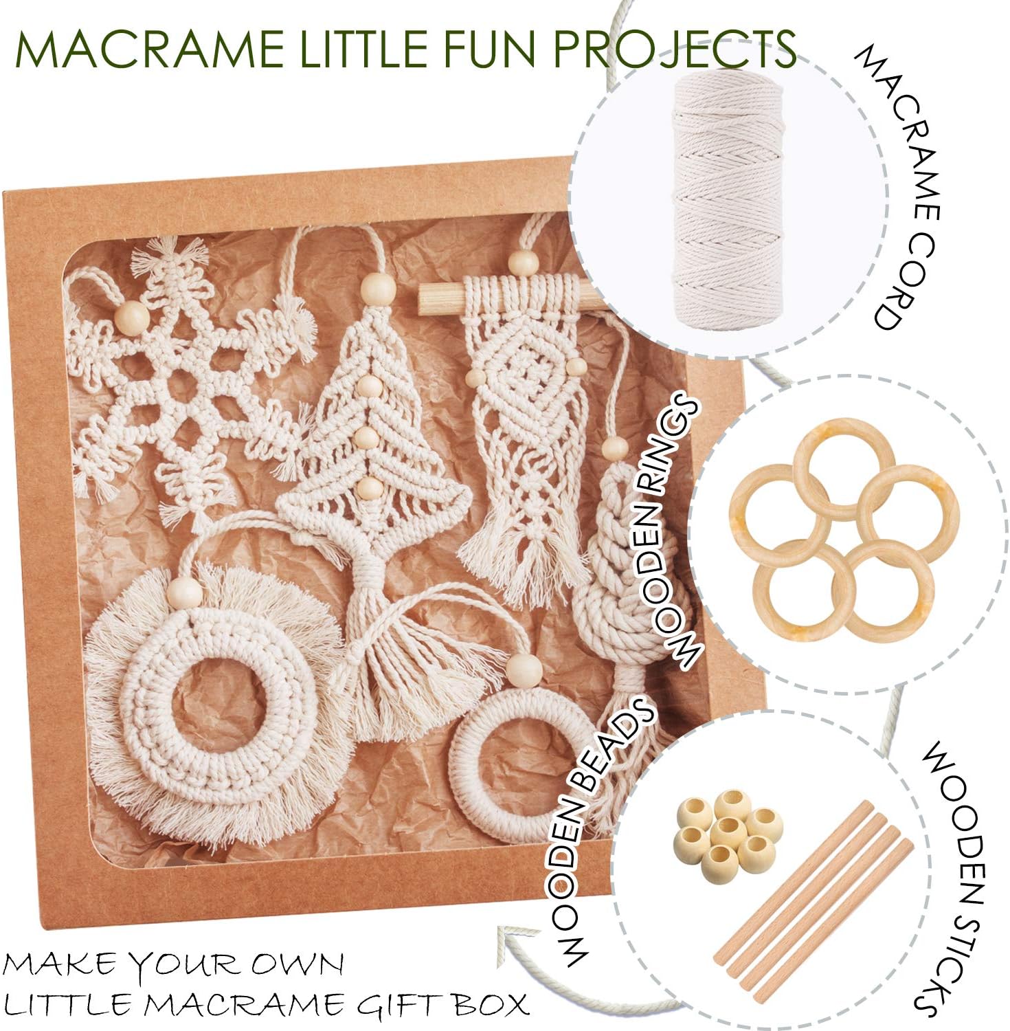 Macrame Kit-109Yards x3mm Natural Cord -10 Projects Macrame Supplies Includes Natural Rope, Wooden Sticks, Hoops, Rings, Beads, Clips and Key-Chains, Macrame Kits for Adults Beginners
