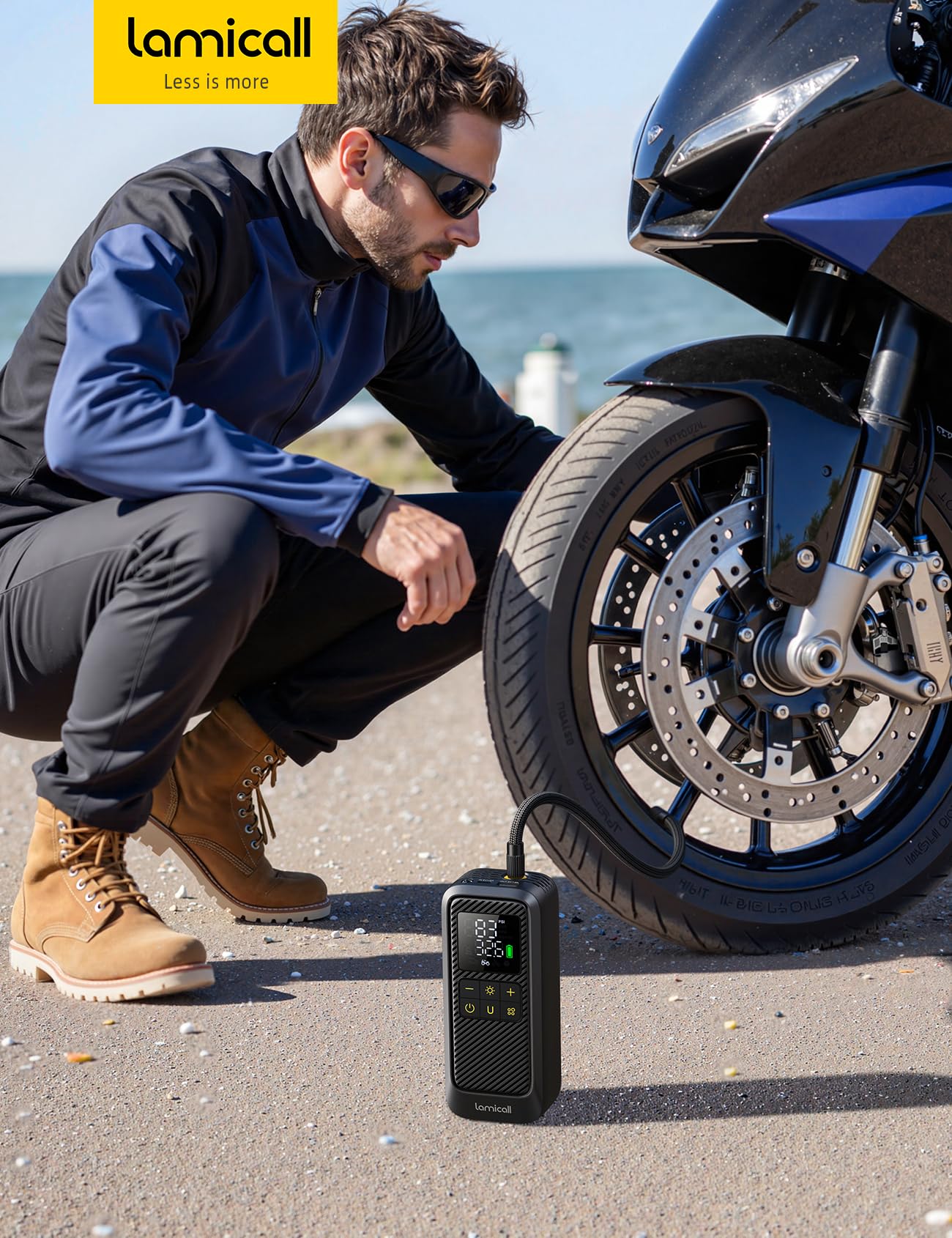 Lamicall Elektrische Luftpumpe, Akku Fahrradpumpe - [5X Schneller] 150PSI Tragbare Fahrrad Pumpe für alle Ventile, Mini Kompressor für Auto, E-Bike, Motorrad, Bälle, Fahrrad Zubehör, mit LED-Licht