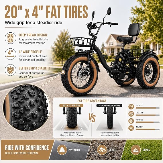 Electric Tricycle for Adults and Seniors 48V15.6Ah Etrike 20x4 Fat Tire Electric Trike