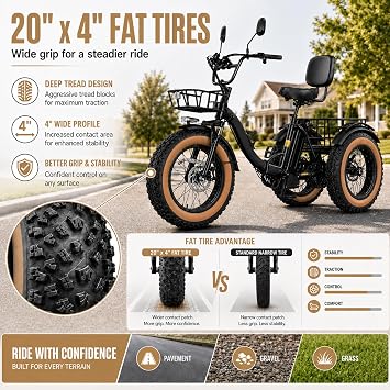 Electric Tricycle for Adults and Seniors 48V15.6Ah Etrike 20x4 Fat Tire Electric Trike