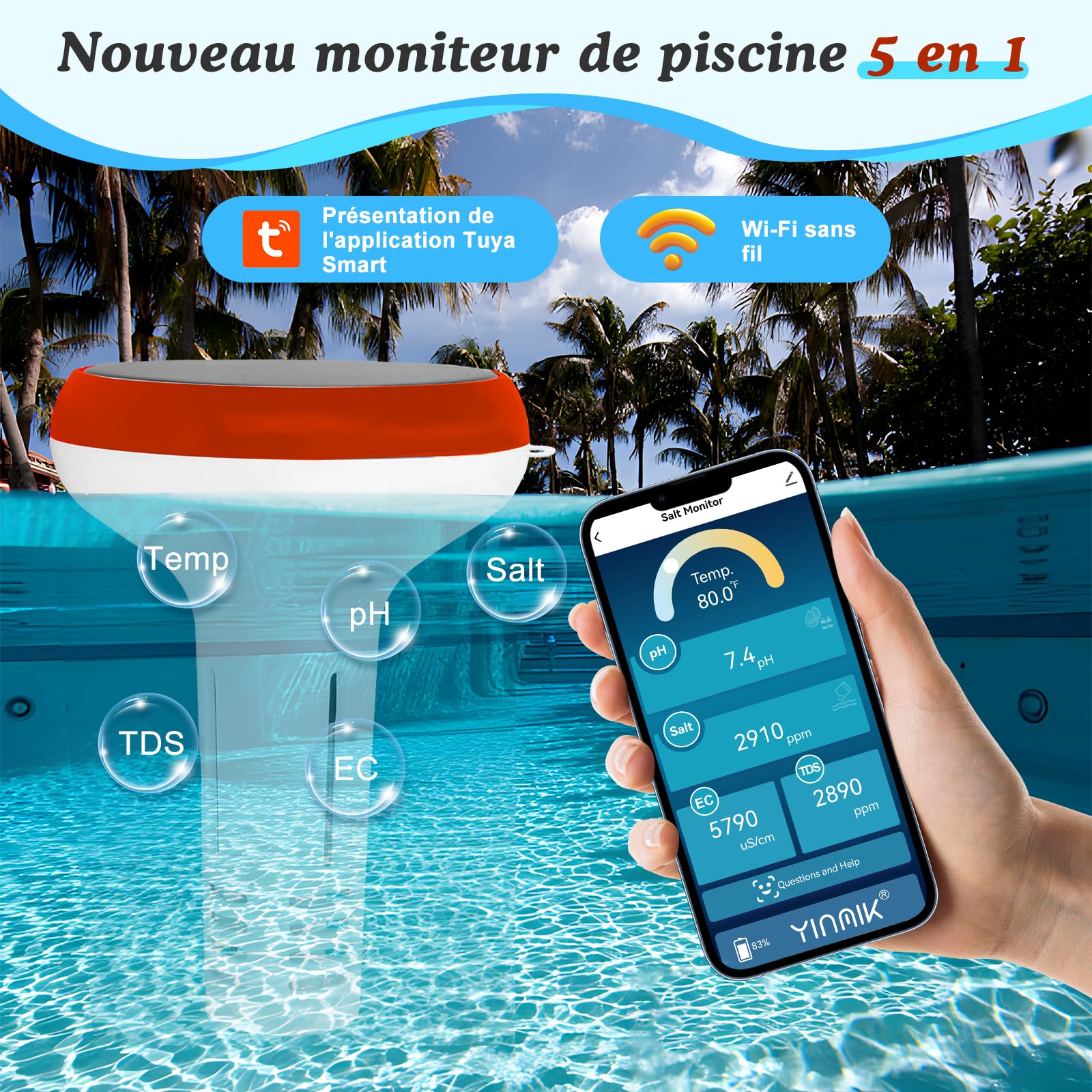YINMIK Moniteur Intelligent pour Piscine,Lecteur de Sel Solaire | pH-Mètre Numérique pour Piscines d'eau Salée, Testeur 5 en 1 (pH, salinité, EC, TDS, température) pour Piscines Extérieures