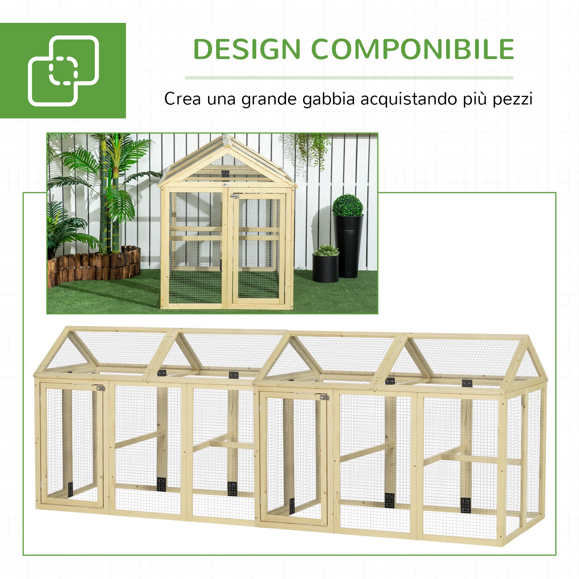 PawHut Recinto per Galline all'Aperto in Legno, Gabbia Galline con Porte Multiple e Rete in Metallo, 140x88.5x106 cm, color Legno