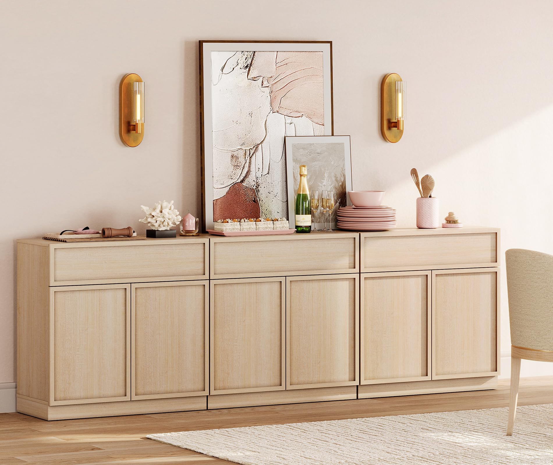 WAMPAT 94.5" Modern Sideboard Buffet Cabinet with 6 Doors and Drawers, Multifunctional Sideboard with Large Storage and Adjustable Shelf, Coffee Bar Storage Cabinet for Kitchen, Living Room, Beige