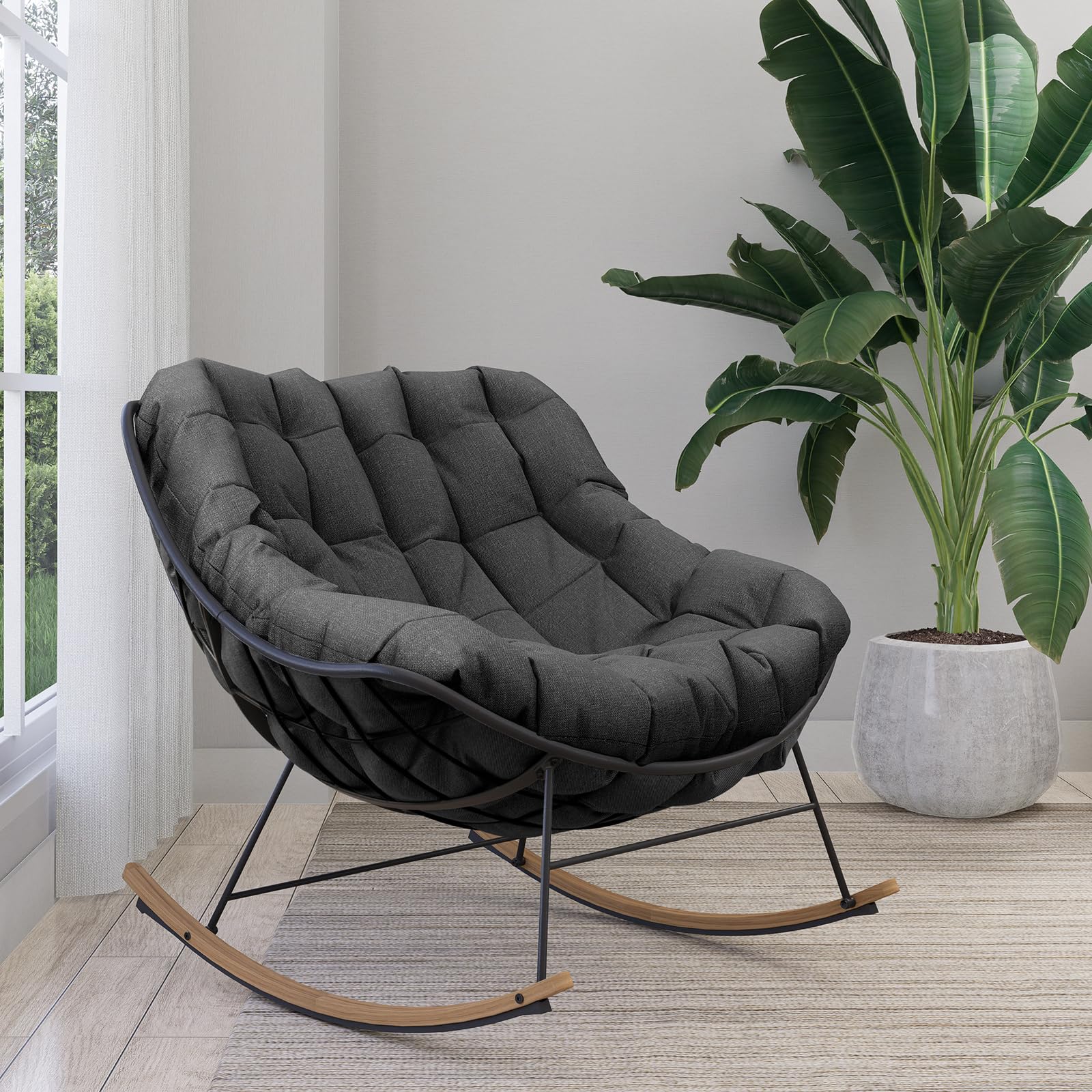 Grand patio Fauteuil à bascule de jardin, à bascule, pour salon, relaxation, avec rembourrage, charge maximale : 150 kg, pour jardin, chambre à coucher, salon, coin, véranda, gris clair (Gris foncé)