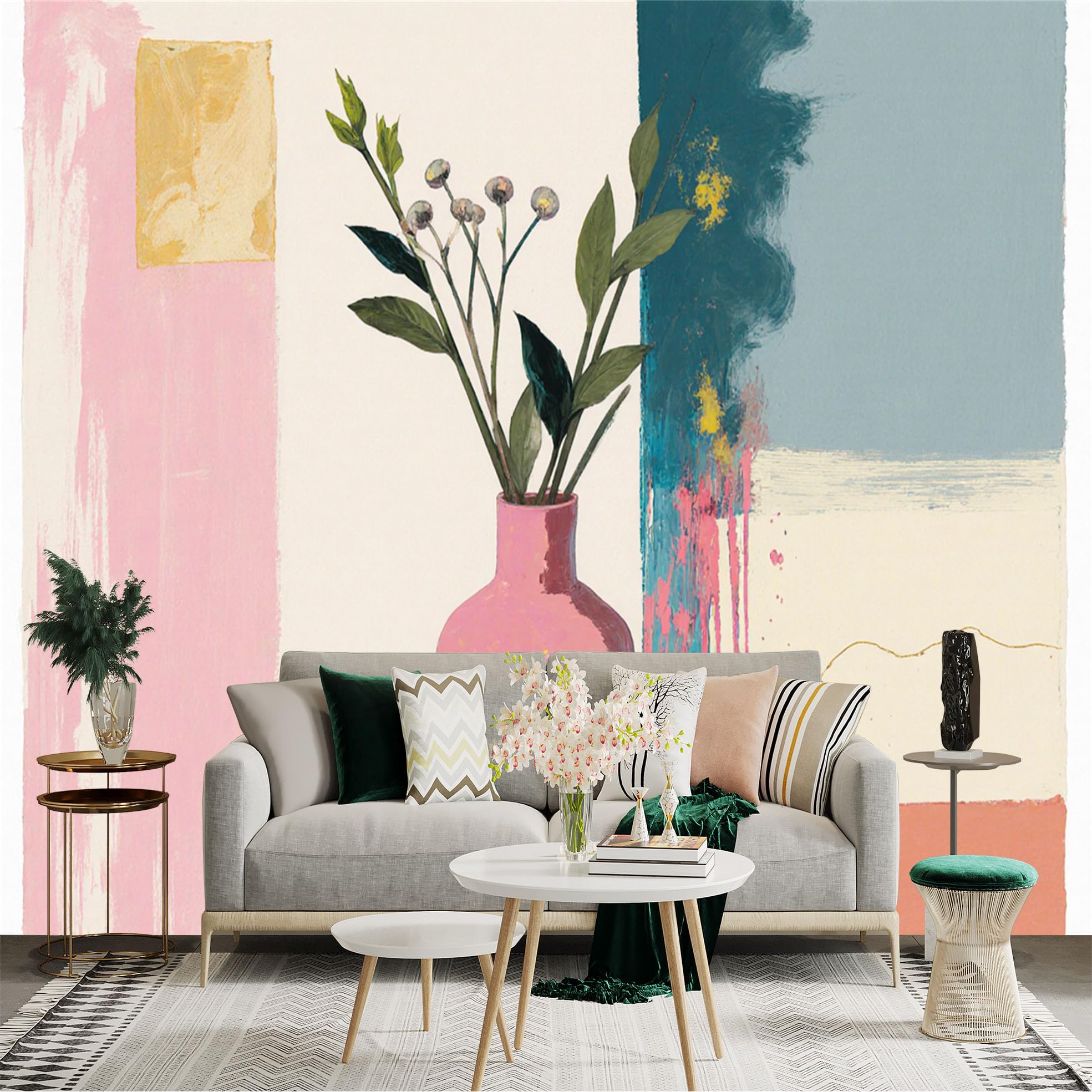 Custom Size Wall Sticker Mural， Modern Abstract Still Life， Pink Vase with Green Foliage， Minimalist Artistic Home Decor， for wall Decoration， peelandstick wall Decals.