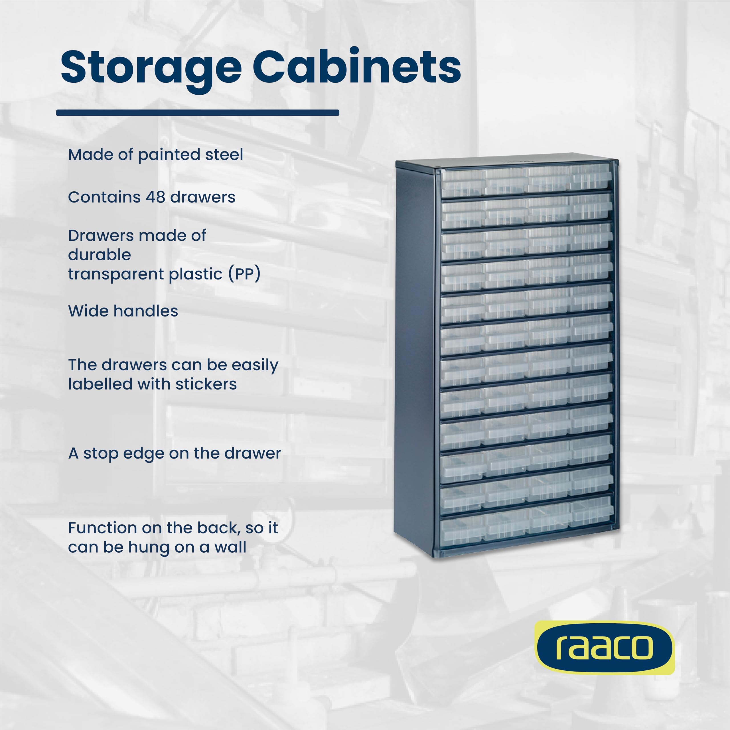Raaco Cassettiera Porta Minuteria C12-48, 39.6 kg Capacità, 15 x 30,6 x 55.2 cm, 48 Cassetti Trasparenti, Cassettiera Attrezzi in Acciaio per Officina, Organizer Minuteria da Parete