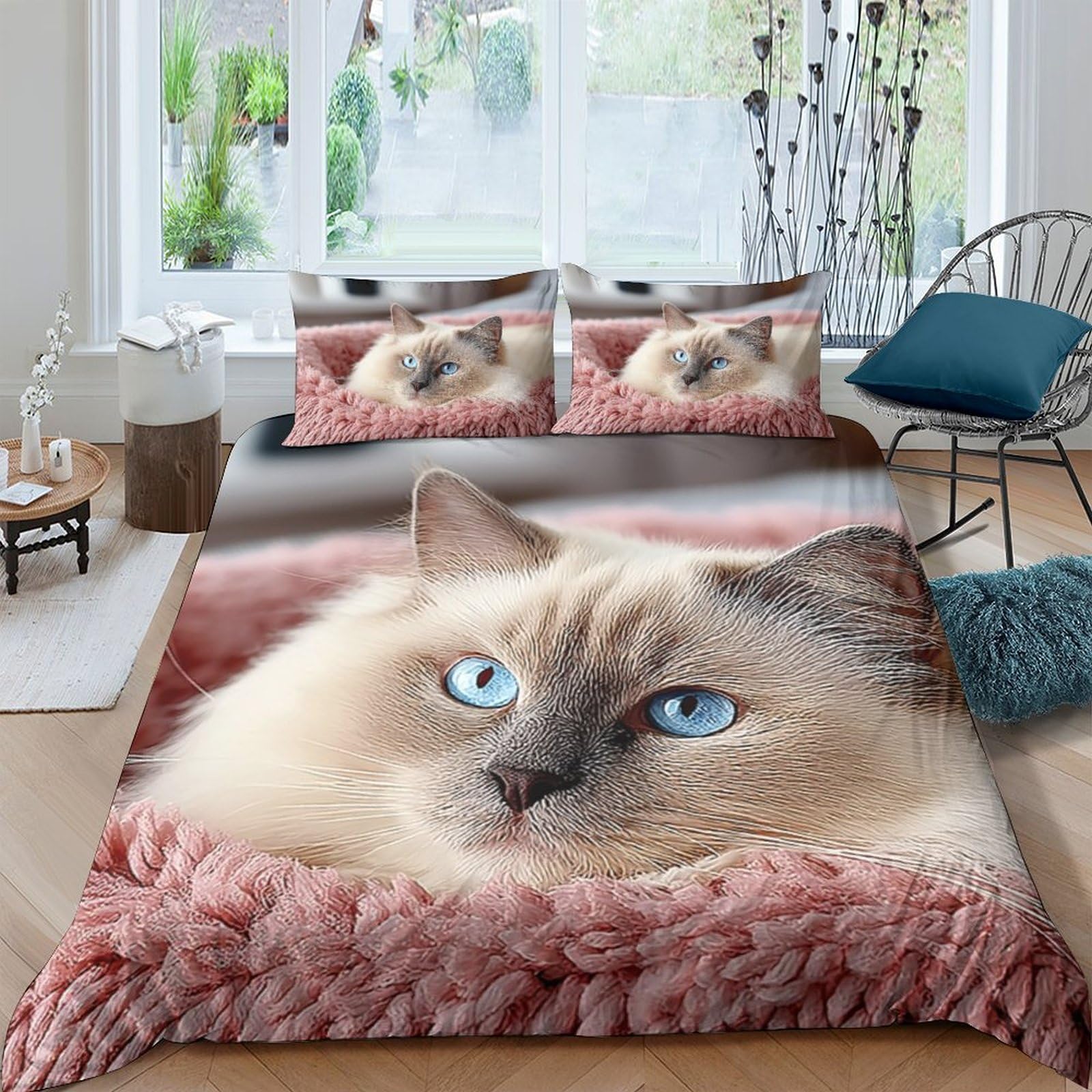 Ctjqhvkz Style-8 3D Printed Fluffy Cat Fitted Sheet Microfiber Soft Bedroom Decor Blue Eyes Mattress Cover For Home Dorm Single（135X200cm）