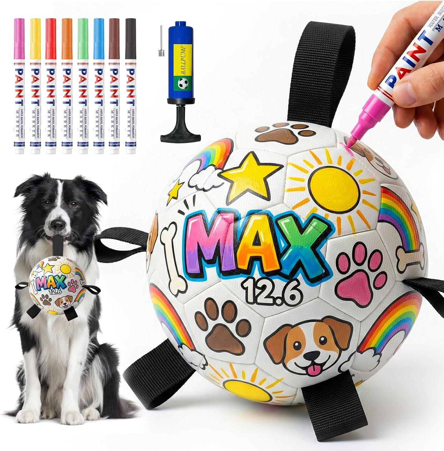 HETOO Dog Soccer Ball with Straps, DIY Paintable Dog Toy Ball Kit with 8 Color Markers,Personalized Interactive Dog Toys for Small Medium Dogs Puppies,6 Inch Birthday Gift Pet Toy