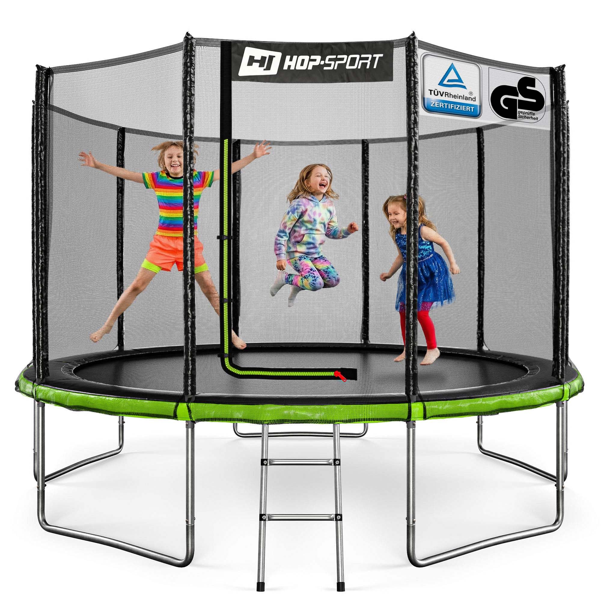 Hop-Sport Trampolin Outdoor - Ø 244/305/366/427/488 cm - Trampolin mit außenliegenden Sicherheitsnetz, Stabiler Rahmenkonstruktion & Sicherheitszertifikaten - Komplettset mit Leiter