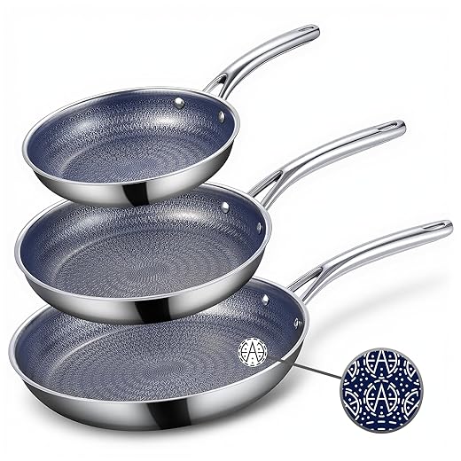 Ammeloo Hybrid Tri-Ply Stainless Steel Frying Pan Set, 8"/9.5"/11" Cooking Pans, Non Stick Frying Pans and Skillets, Chef Pan, Blue Interior, Non Toxic, Dishwasher Safe, Induction Compatible