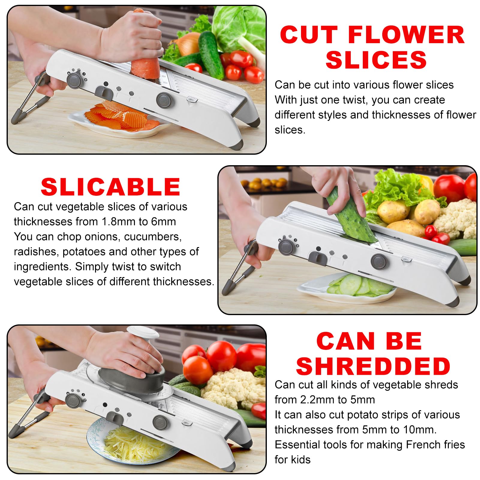All-in-One-Mandolina per Verdure Professionale, Mandolina Affettatrice Regolabile, Taglia Verdure Manuale con Lame Regolabili Integrate, Tagliaverdure Multifunzione per Cipolla Cetriolo Carote Frutta